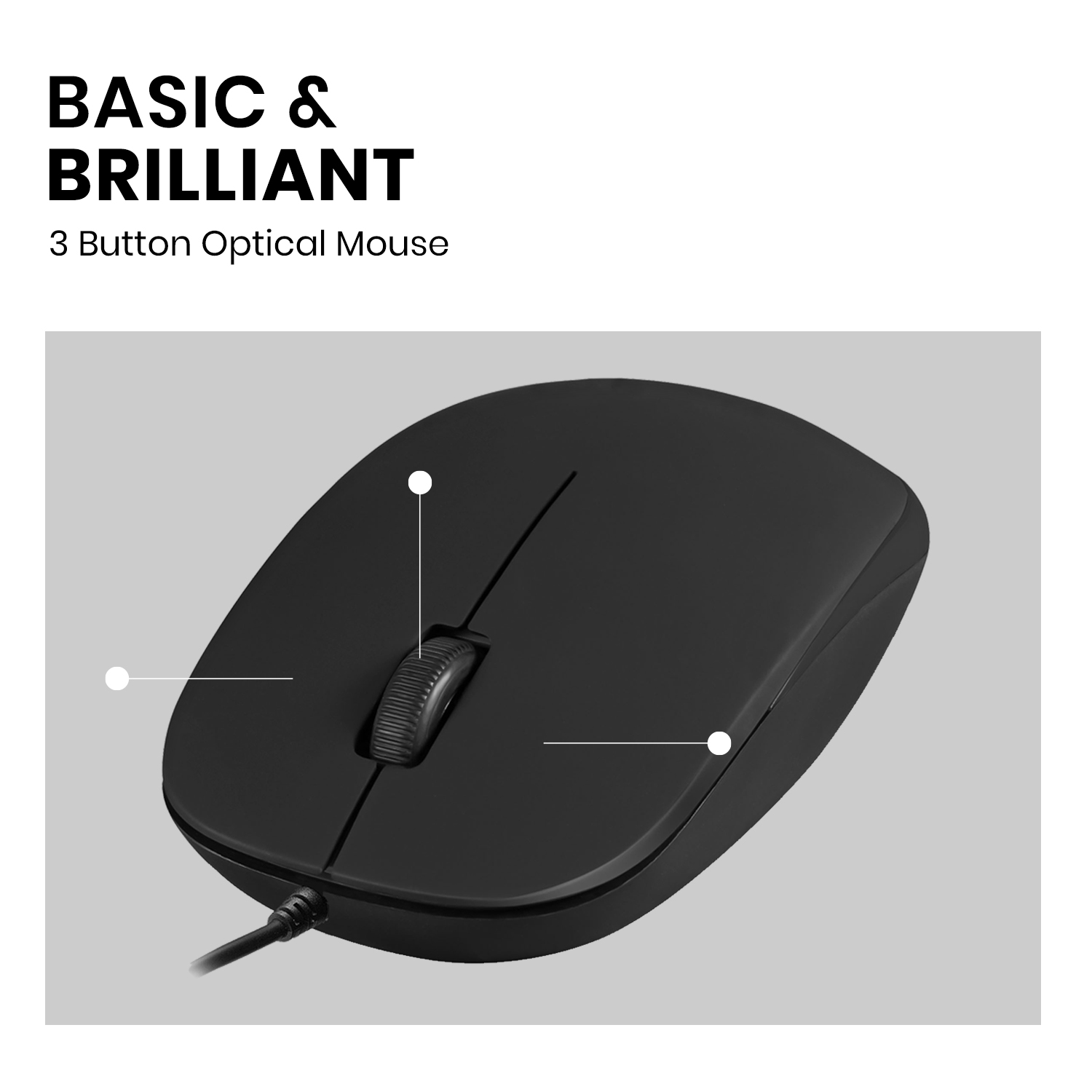 Eine schwarze optische 3-Tasten-Maus mit Scrollrad und Kabel auf hellgrauem Hintergrund.