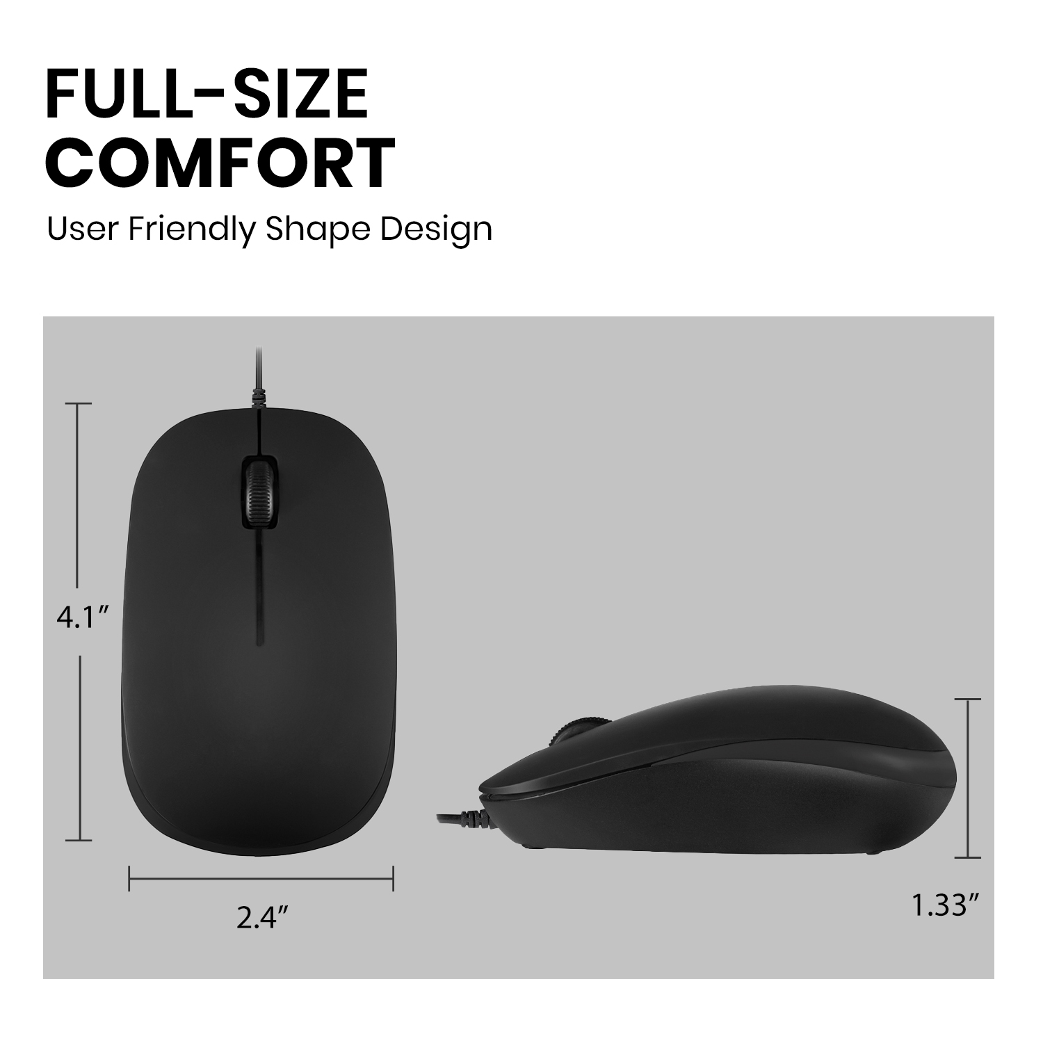 Zwei Ansichten einer schwarzen Computermaus. Die Abmessungen 4,1", 2,4" und 1,33" sind beschriftet.