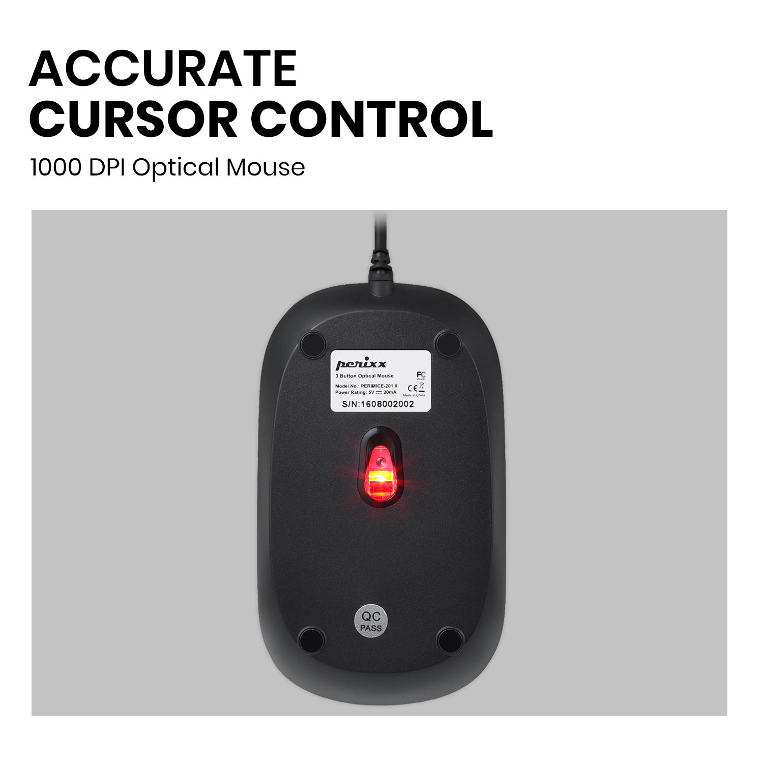 Schwarze Maus mit rotem Licht und drei Tasten. Text 'Accurate Cursor Control'.