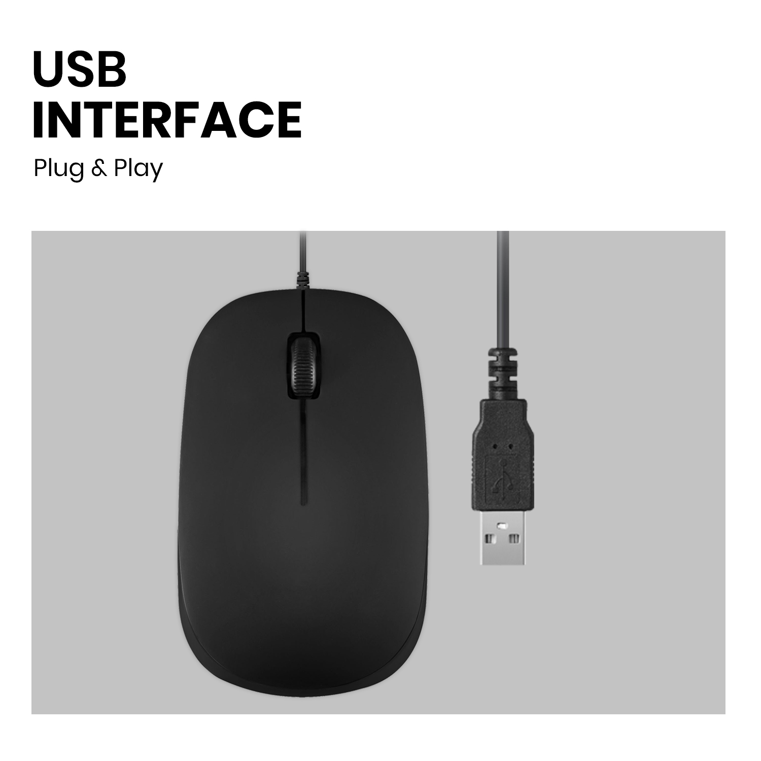 Eine schwarze Computermaus mit USB-Kabel, vor hellgrauem Hintergrund.