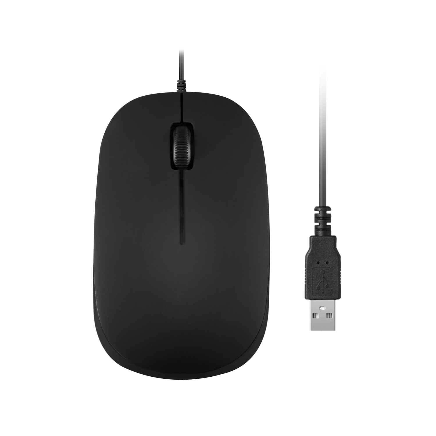 Schwarze Computermaus mit USB-Kabel auf weißem Hintergrund.