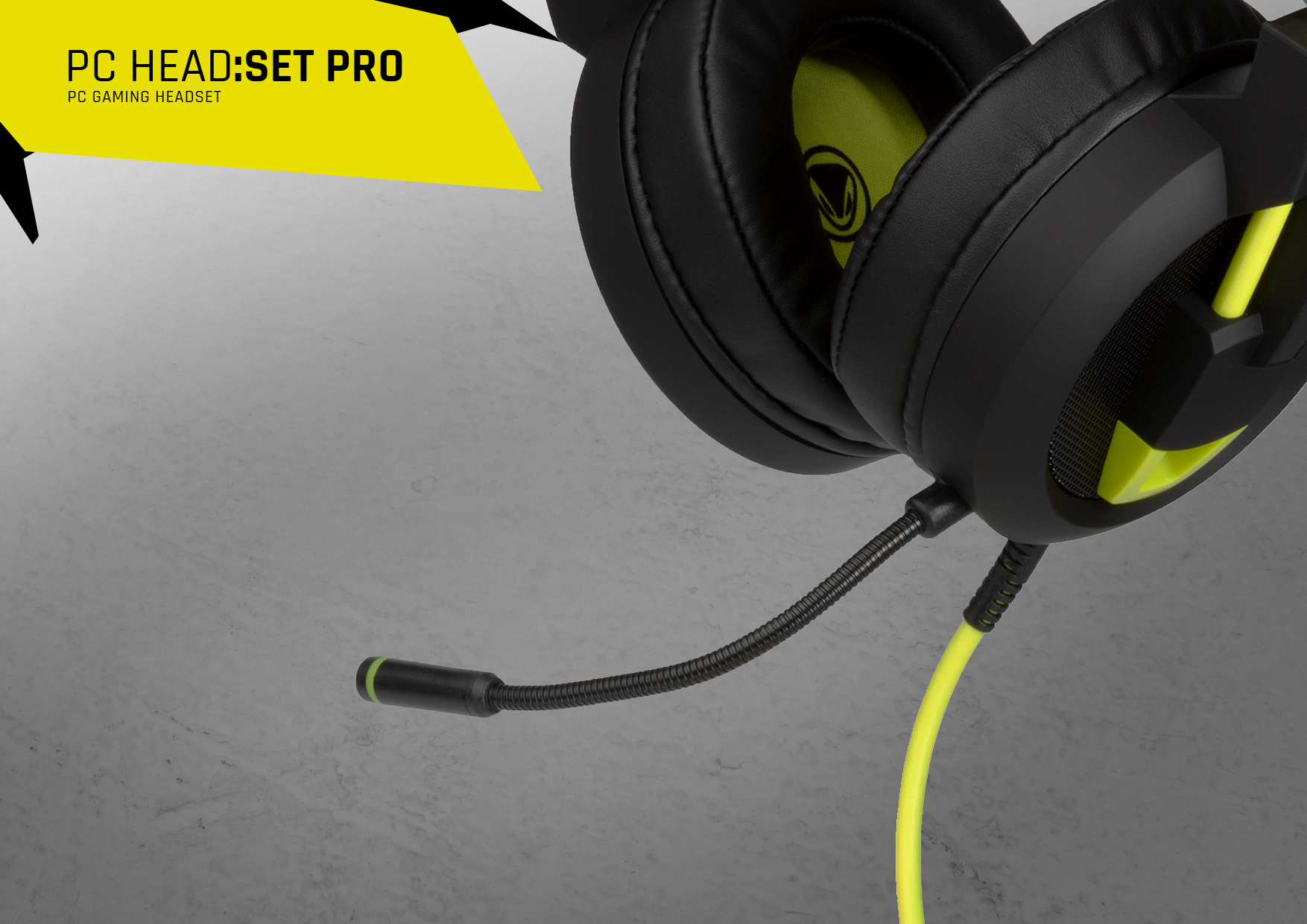 Schwarz-gelbes Gaming-Headset mit Mikrofon, das sich von der linken Seite erstreckt.