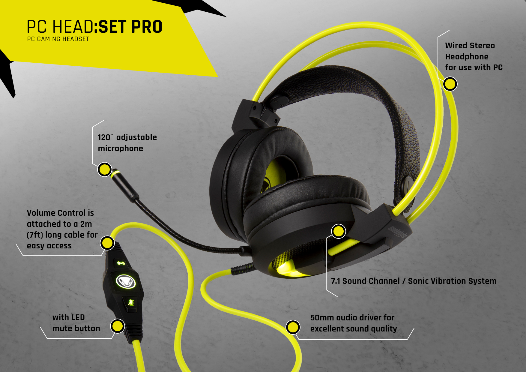 Gaming-Headset mit gelben Akzenten. Es hat ein Mikrofon und eine Lautstärkeregelung. Es befindet sich auf gelbem Hintergrund.