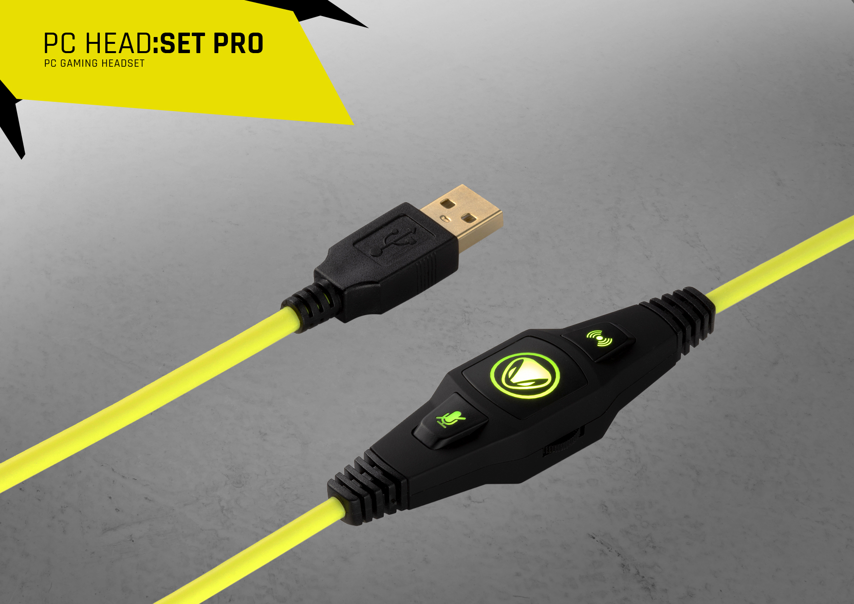 Gelbes und schwarzes USB-Kabel mit Bedienfeld und Text.