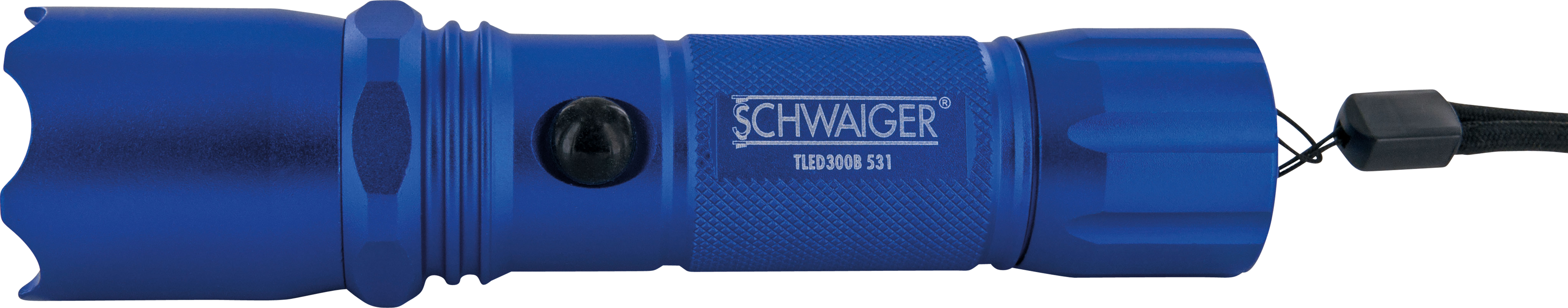 Blaue Taschenlampe mit schwarzem Knopf und schwarzem Riemen, weißer Hintergrund.