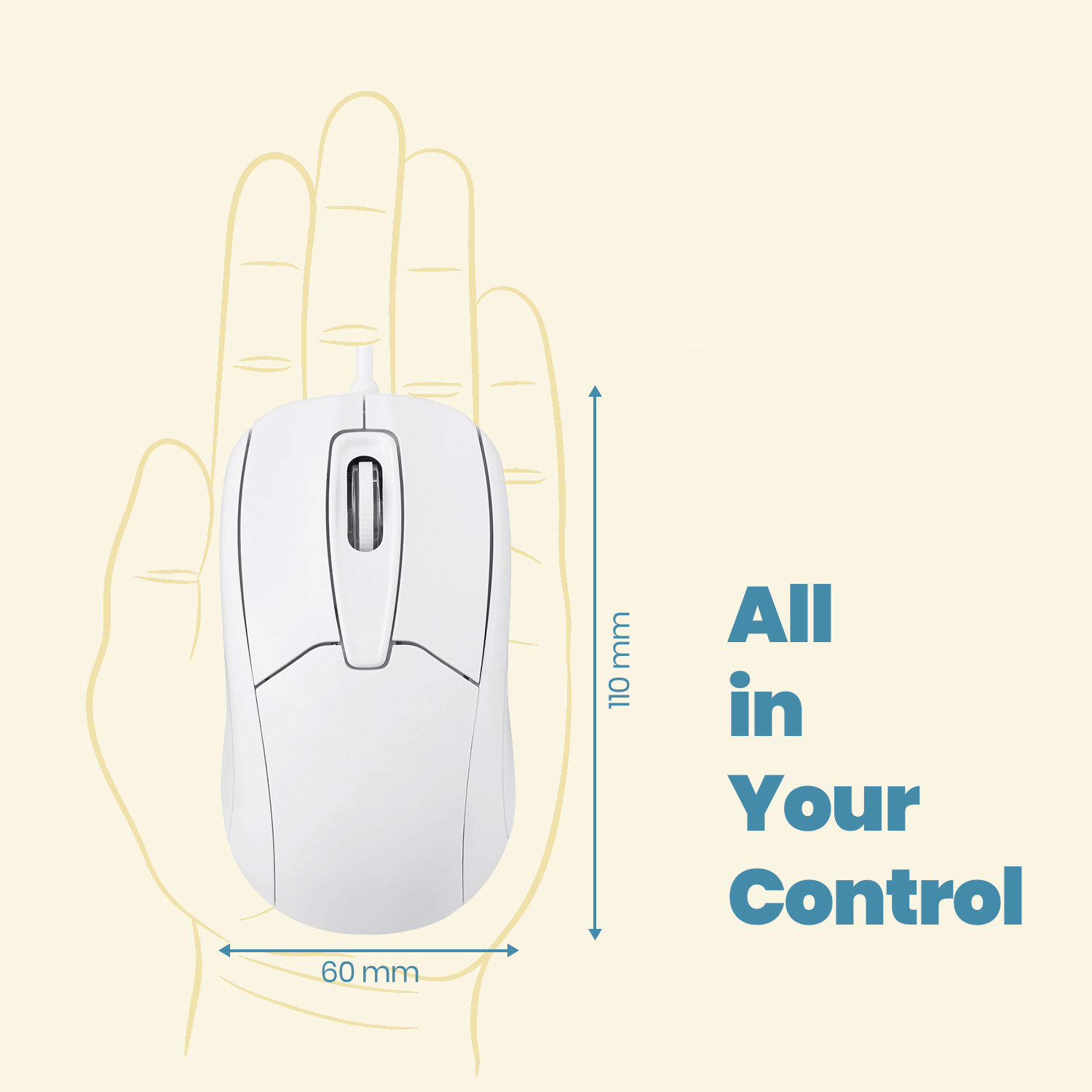 Eine weiße Maus mit beschrifteten Abmessungen auf hellbraunem Hintergrund, mit dem Text 'All in Your Control'.