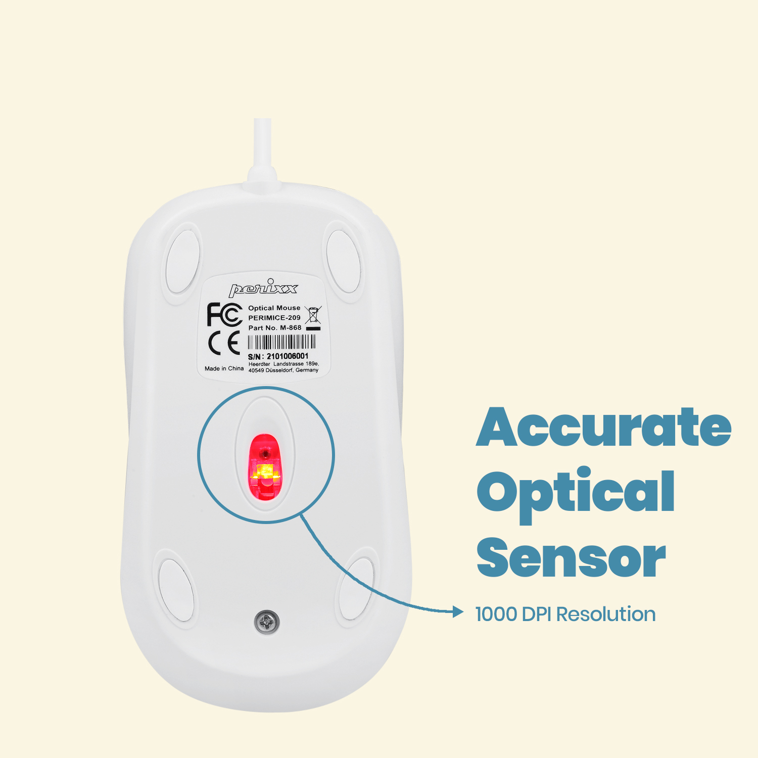 Weiße Computermaus mit rotem optischen Sensor. Text sagt 1000 DPI Auflösung.