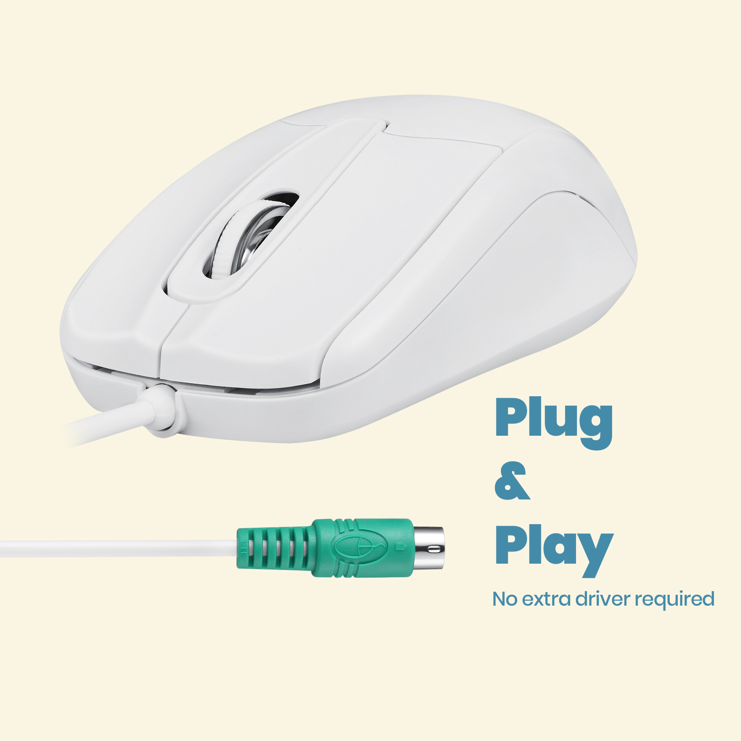 Eine weiße Maus mit einem grünen Stecker, der an einem weißen Kabel befestigt ist.