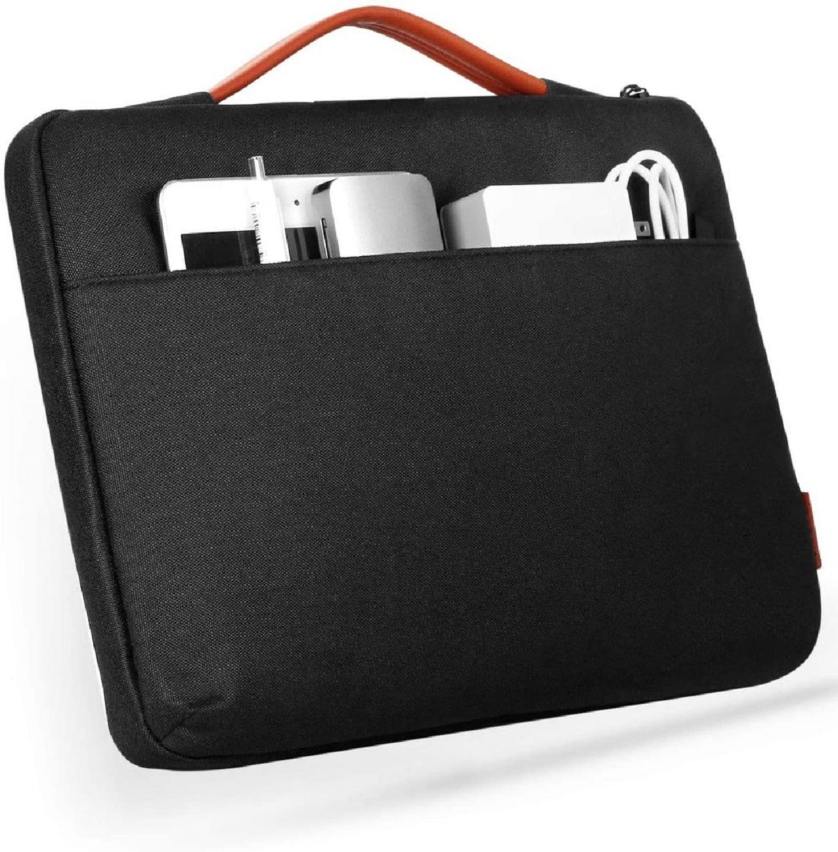 Schwarze Laptoptasche mit Griff. Sie hat eine Vordertasche mit Laptop und Zubehör.