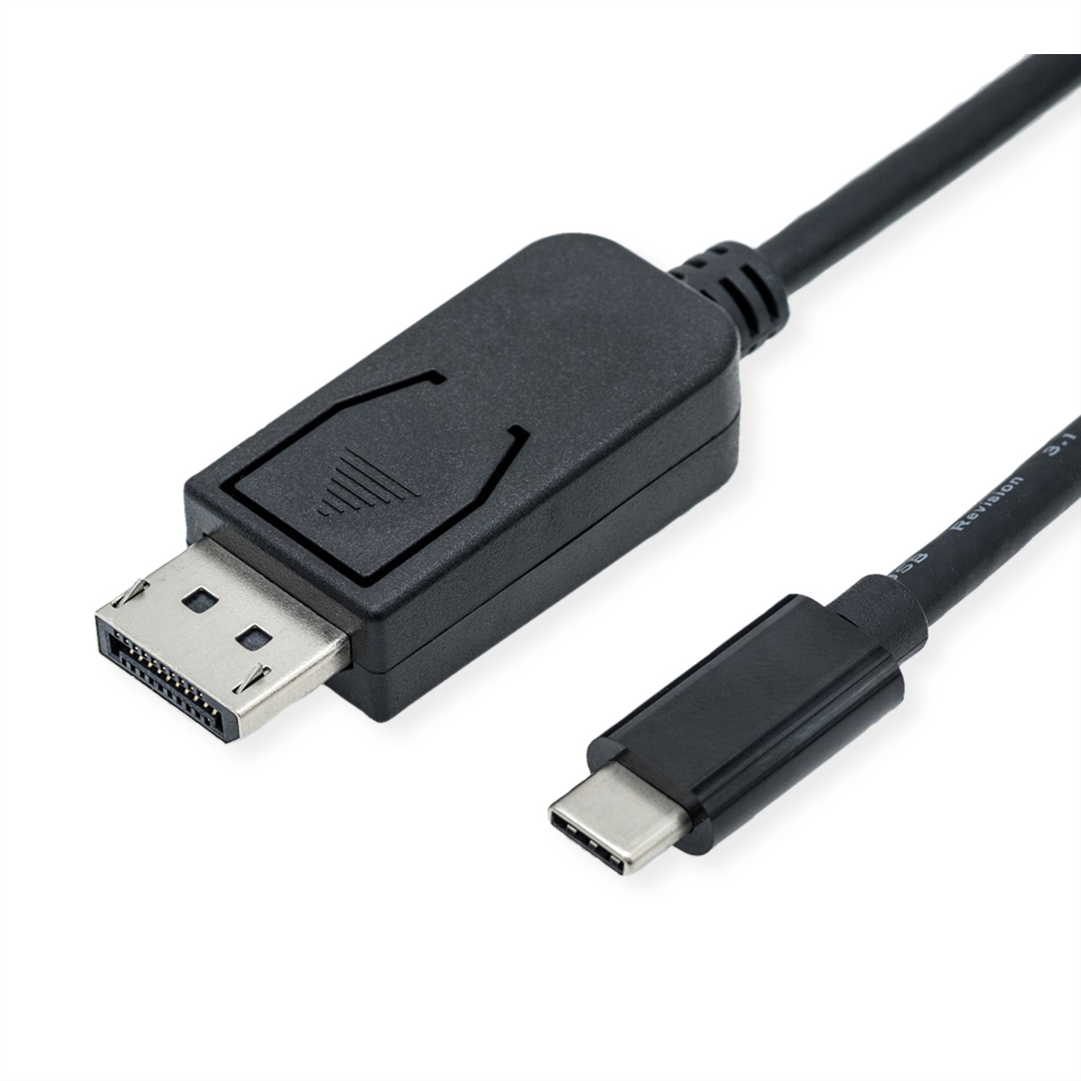 Een zwarte DisplayPort naar USB-C kabel op een witte achtergrond.