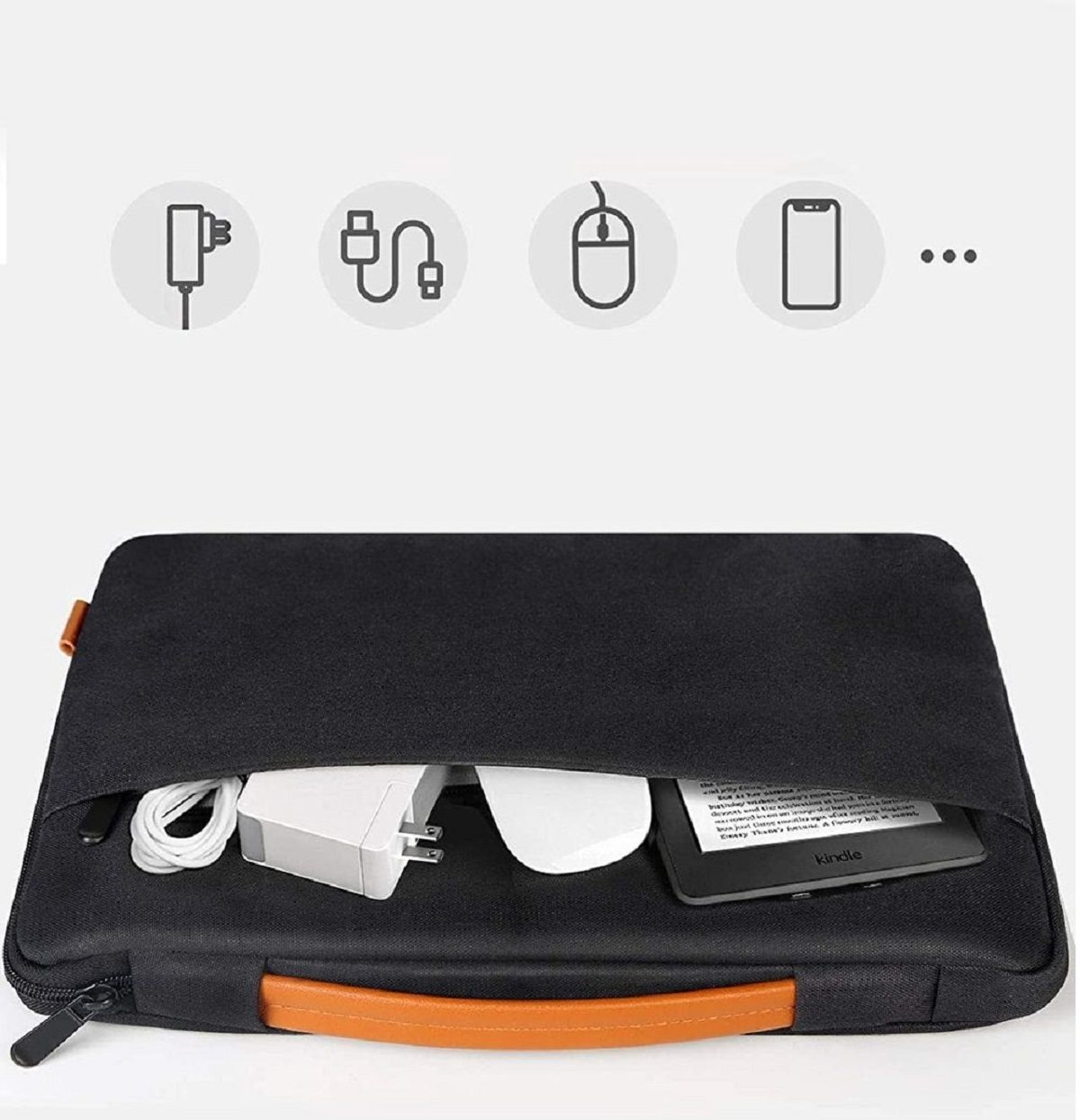 Schwarze Laptoptasche. Im Inneren befinden sich ein Ladegerät, eine Maus und ein Kindle. Symbole für Zubehör oben.