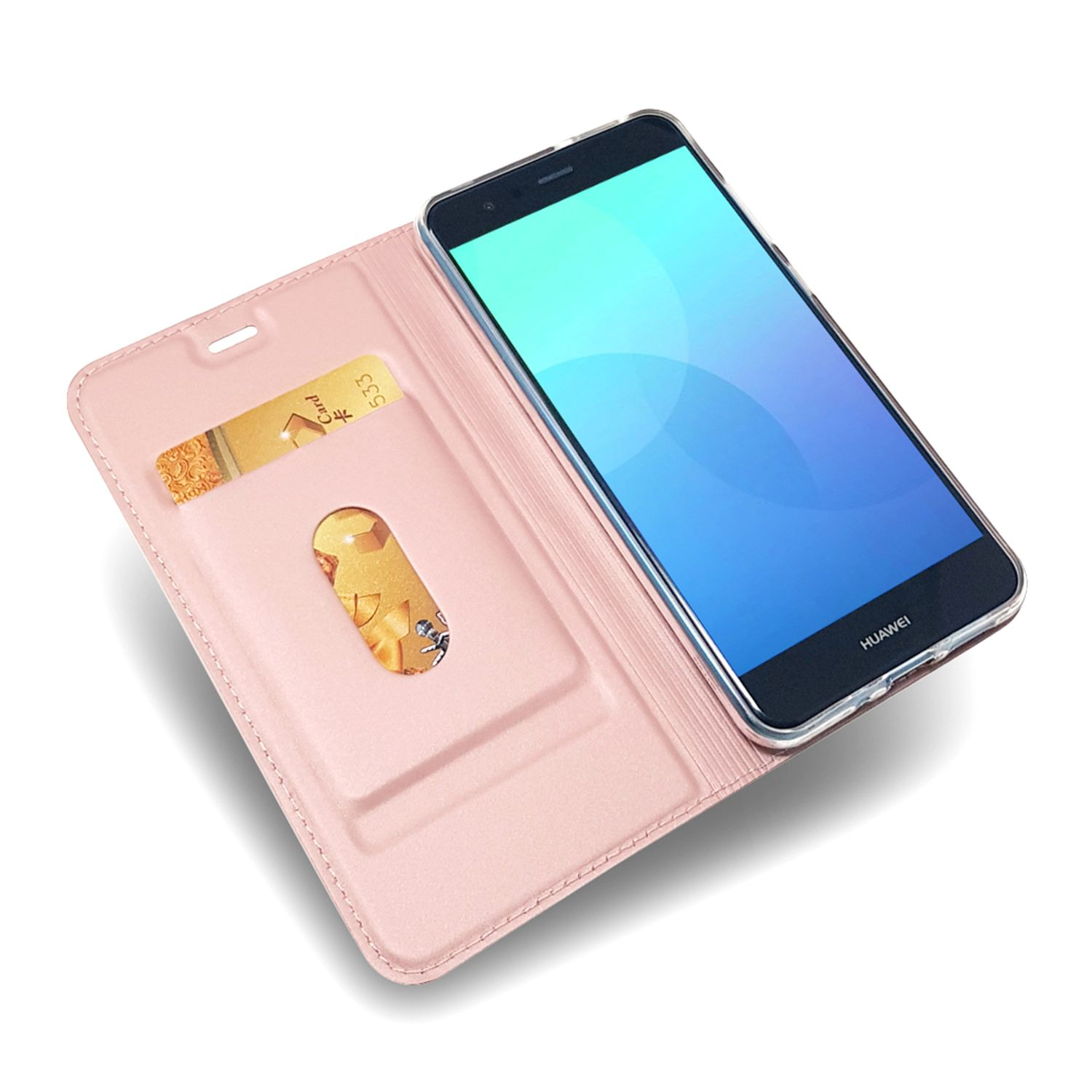 Rosa Handyhülle mit Telefon. Der Bildschirm ist blau. Eine Karte ist auch drin.