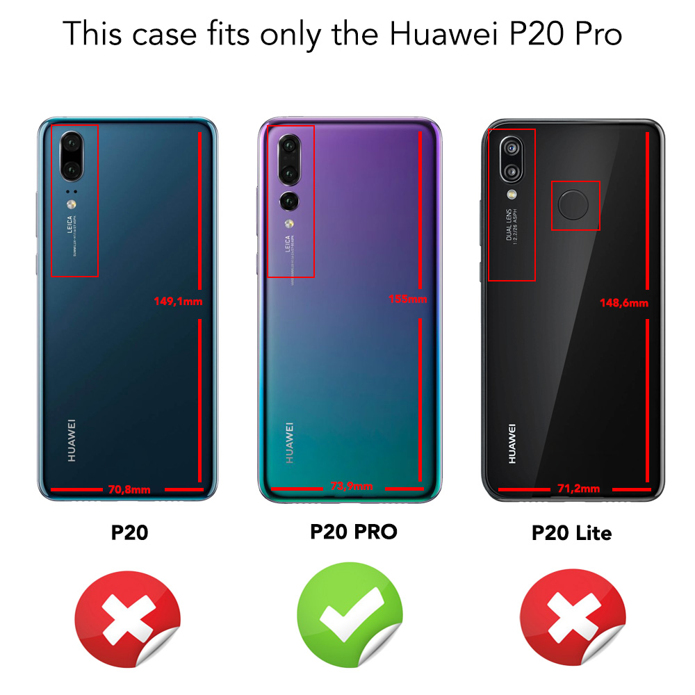 Drei Telefone. Text besagt, dass die Hülle nur für das Huawei P20 Pro passt. Rote Markierungen auf P20/P20 Lite.
