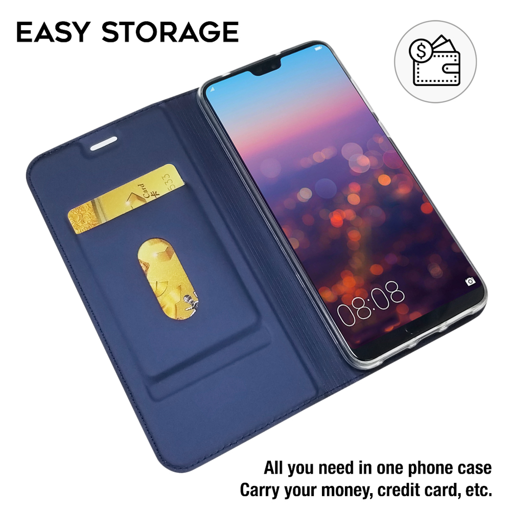 Eine blaue Handyhülle, die ein Telefon mit Kreditkarte und Bargeld hält. Die Hülle ist offen.