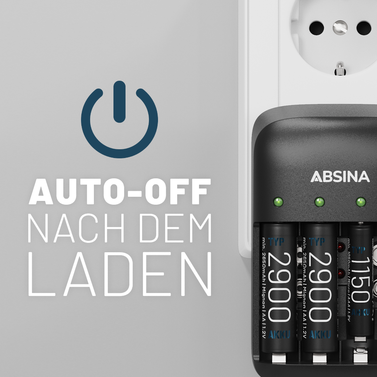 Schwarzes Batterieladegerät mit Batterien und Power-Symbol. Weißer Hintergrund.