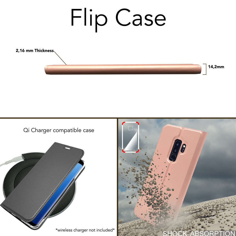 Flip Case mit Maßen, und Beispielen für seine Funktionen: Stoßabsorption und kabelloses Laden.