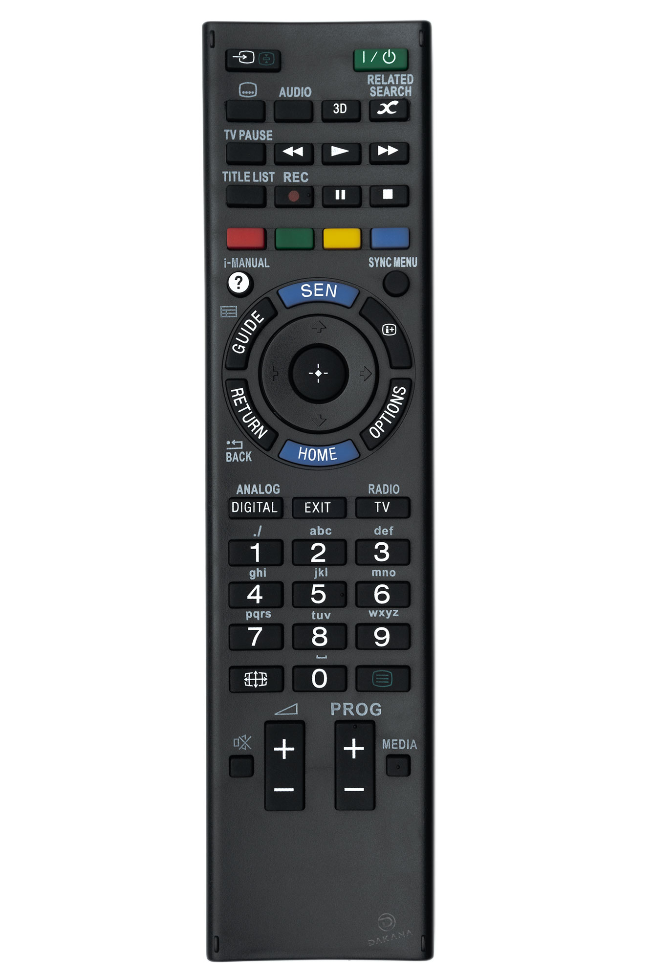 Schwarze Fernbedienung mit mehreren Tasten und Sony-Logo auf weißem Hintergrund.