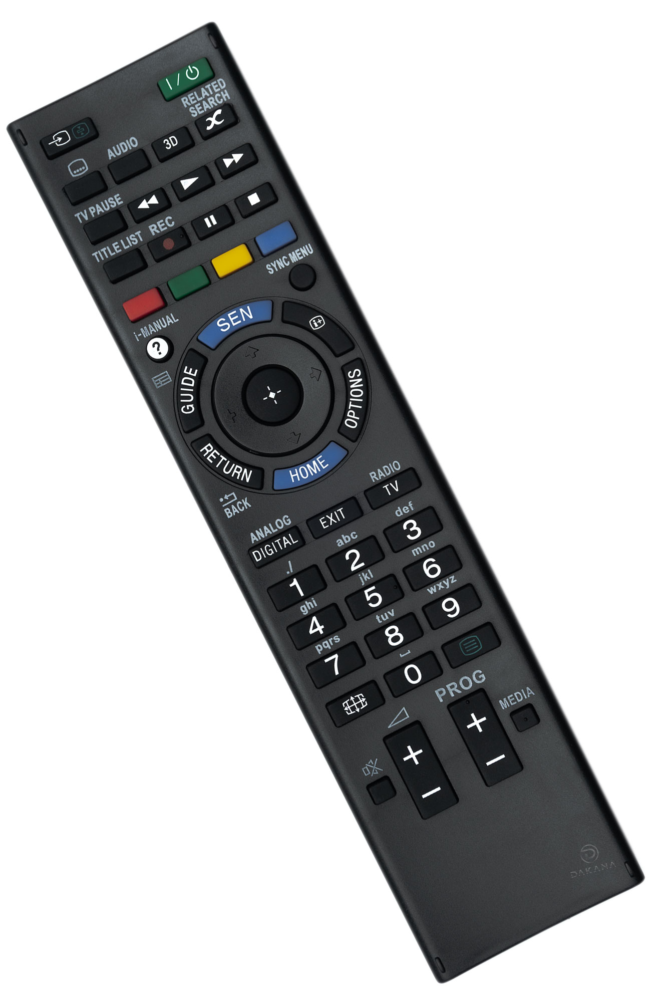 Schwarze TV-Fernbedienung mit mehreren Tasten, einem Richtungspad und einer SEN-Taste.