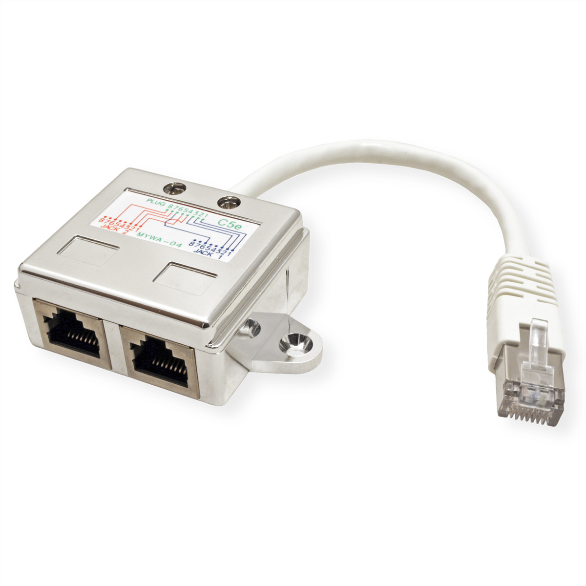 Ein silberner und schwarzer RJ45-Splitter mit zwei Anschlüssen und einem weißen Kabel.