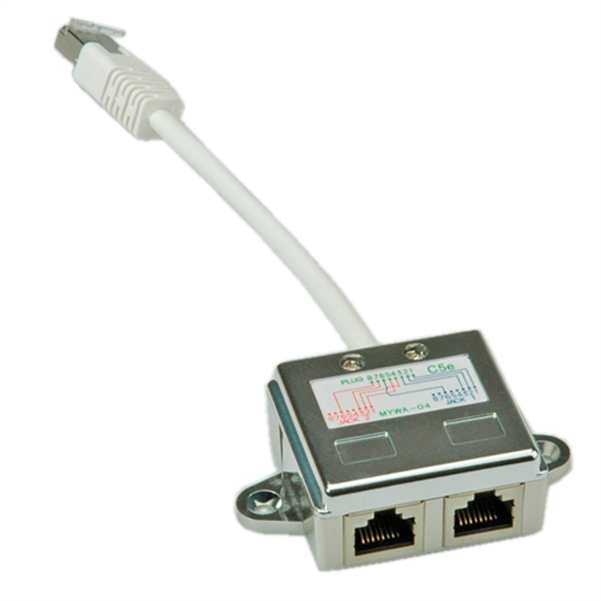 Ein silberner RJ45-Stecker mit weißem Kabel.