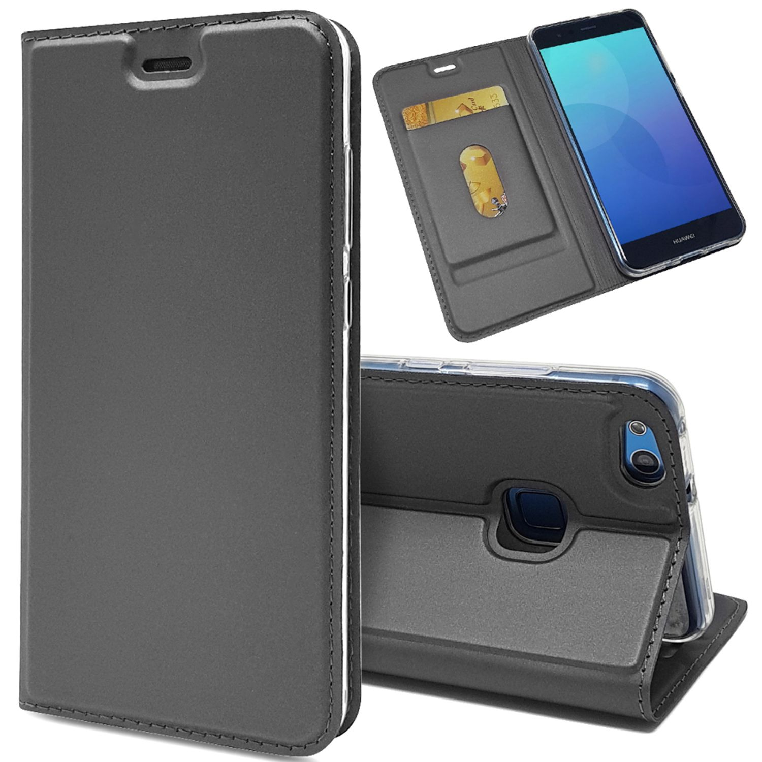 NALIA Flip Lite, Magnetverschluss, Klapphülle Case Huawei, Schwarz mit Flip P10 Cover