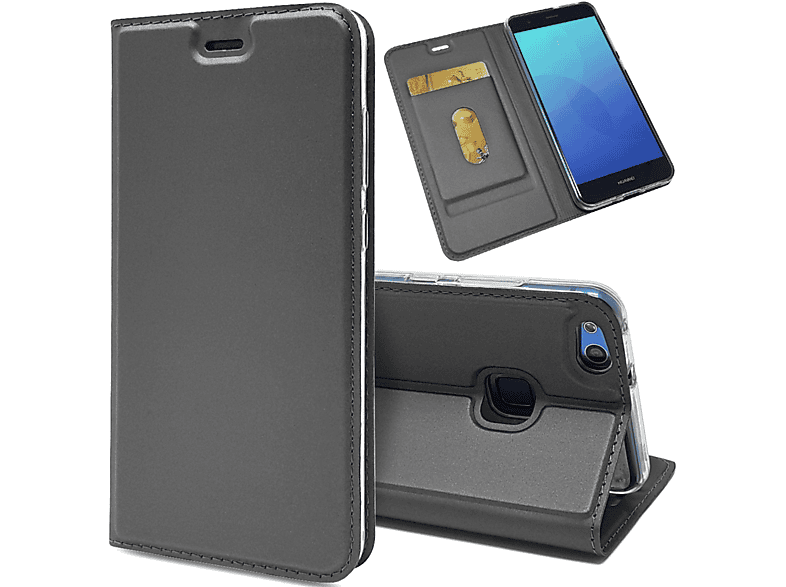 NALIA Flip Case Klapphülle mit Huawei, Cover, Flip Schwarz Lite, P10 Magnetverschluss