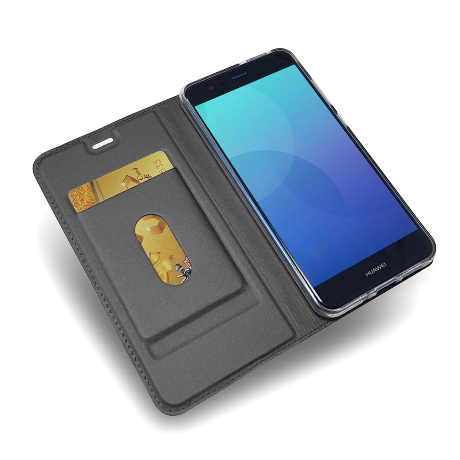 Handyhülle mit Kartenfach und Handy. Das Handy befindet sich in der Hülle.