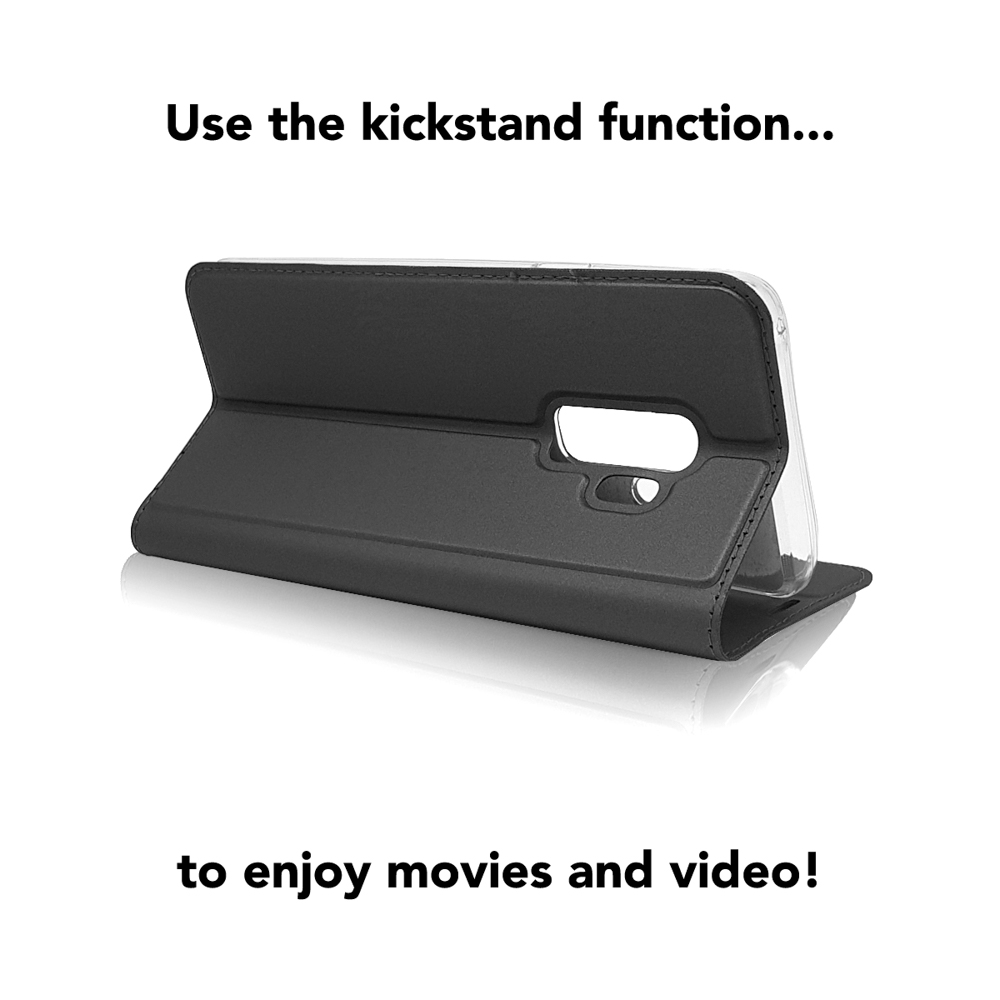 Schwarze Handyhülle offen. Text: Nutze die Ständerfunktion... um Filme und Videos zu genießen!