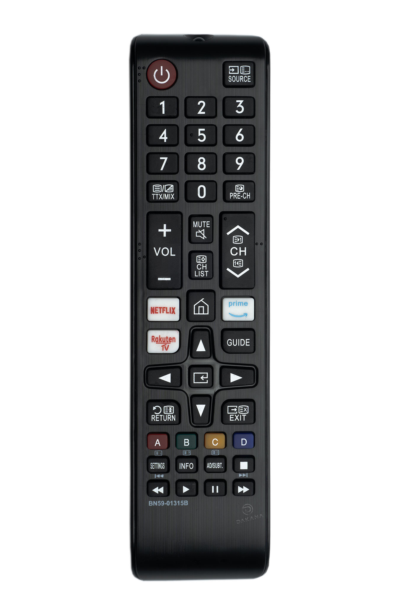 TV-Fernbedienung mit vielen Tasten, darunter Netflix, Prime und Rakuten.