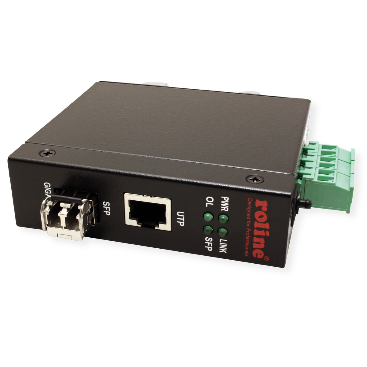 Appareil réseau noir avec ports et indicateurs. Fond blanc.