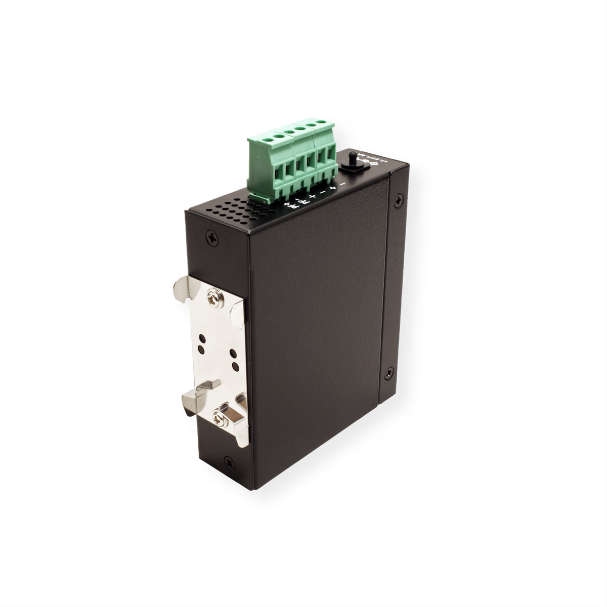 Appareil électronique noir avec des bornes vertes et un support métallique. Fond blanc.