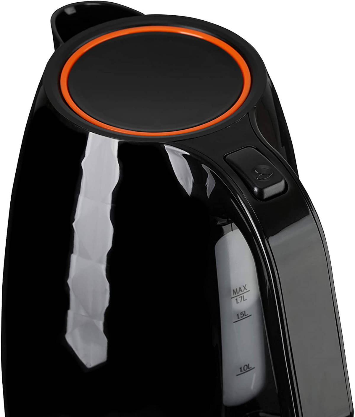 Bouilloire électrique noire avec accent orange. Indicateur de niveau d'eau visible.