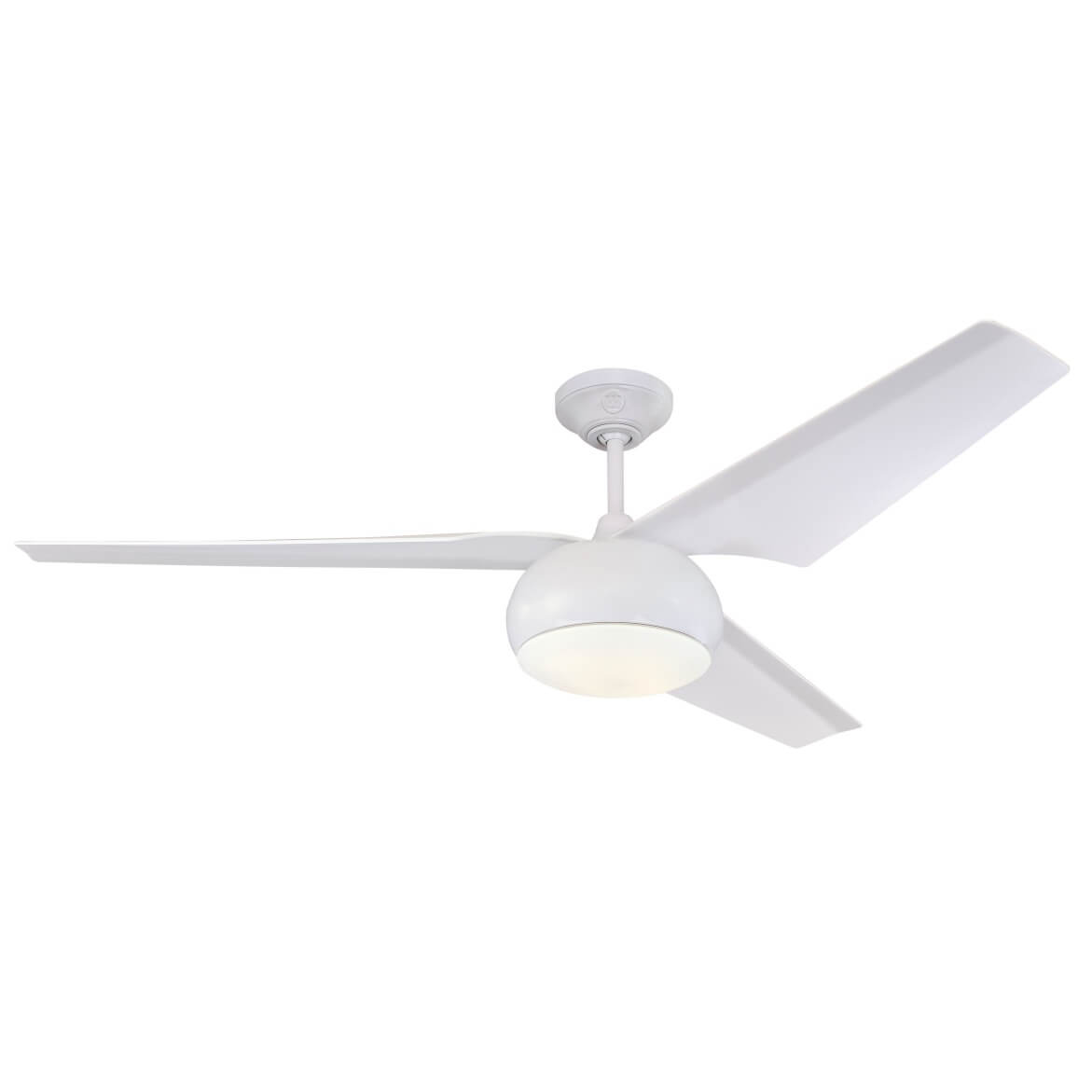 Weißer Deckenventilator mit 3 Flügeln und Licht. Es ist eine Draufsicht.