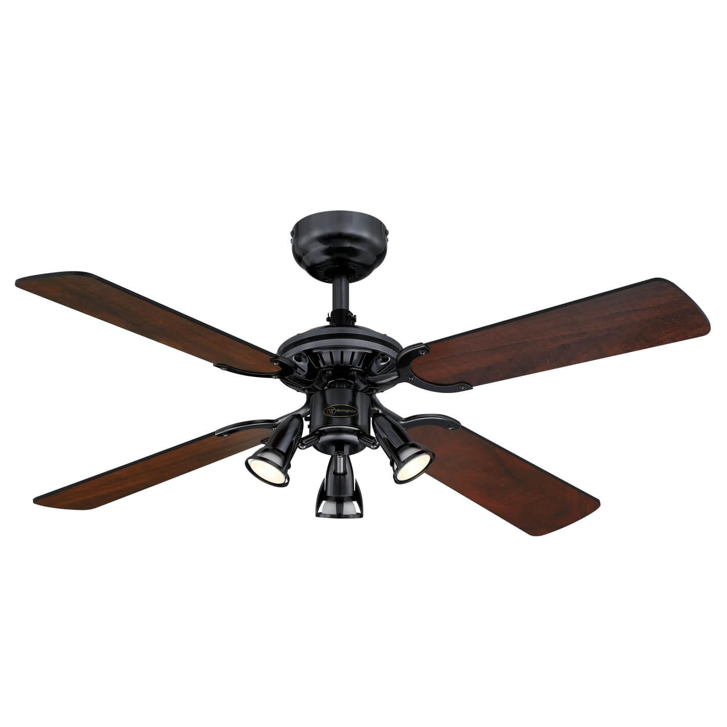 Ein schwarzer Deckenventilator mit vier Holzblättern und drei nach unten gerichteten Lichtern.