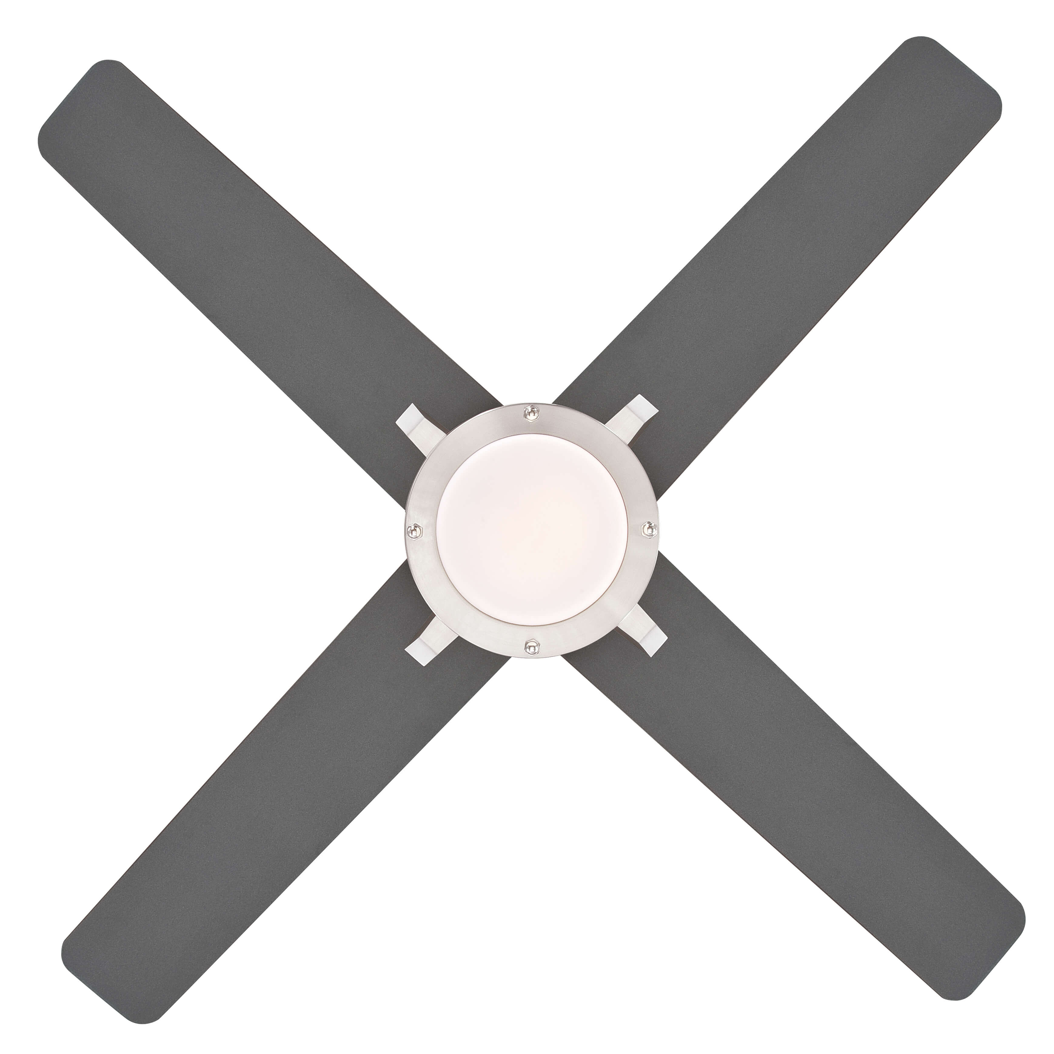 Vierflügeliger Deckenventilator, graue Flügel, silberne Mitte, weißes Licht.