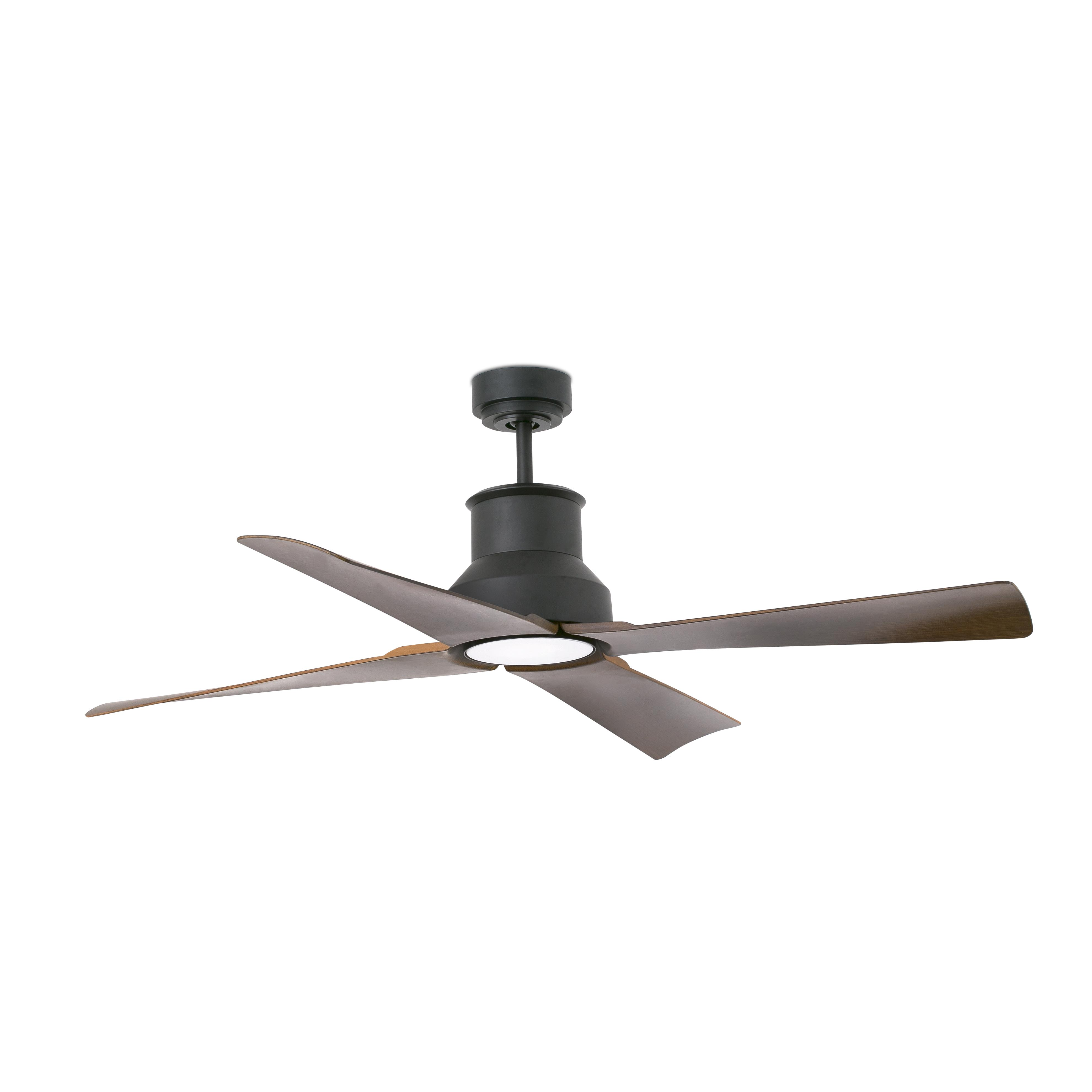 Un ventilatore da soffitto con quattro pale marroni e un alloggiamento motore nero.