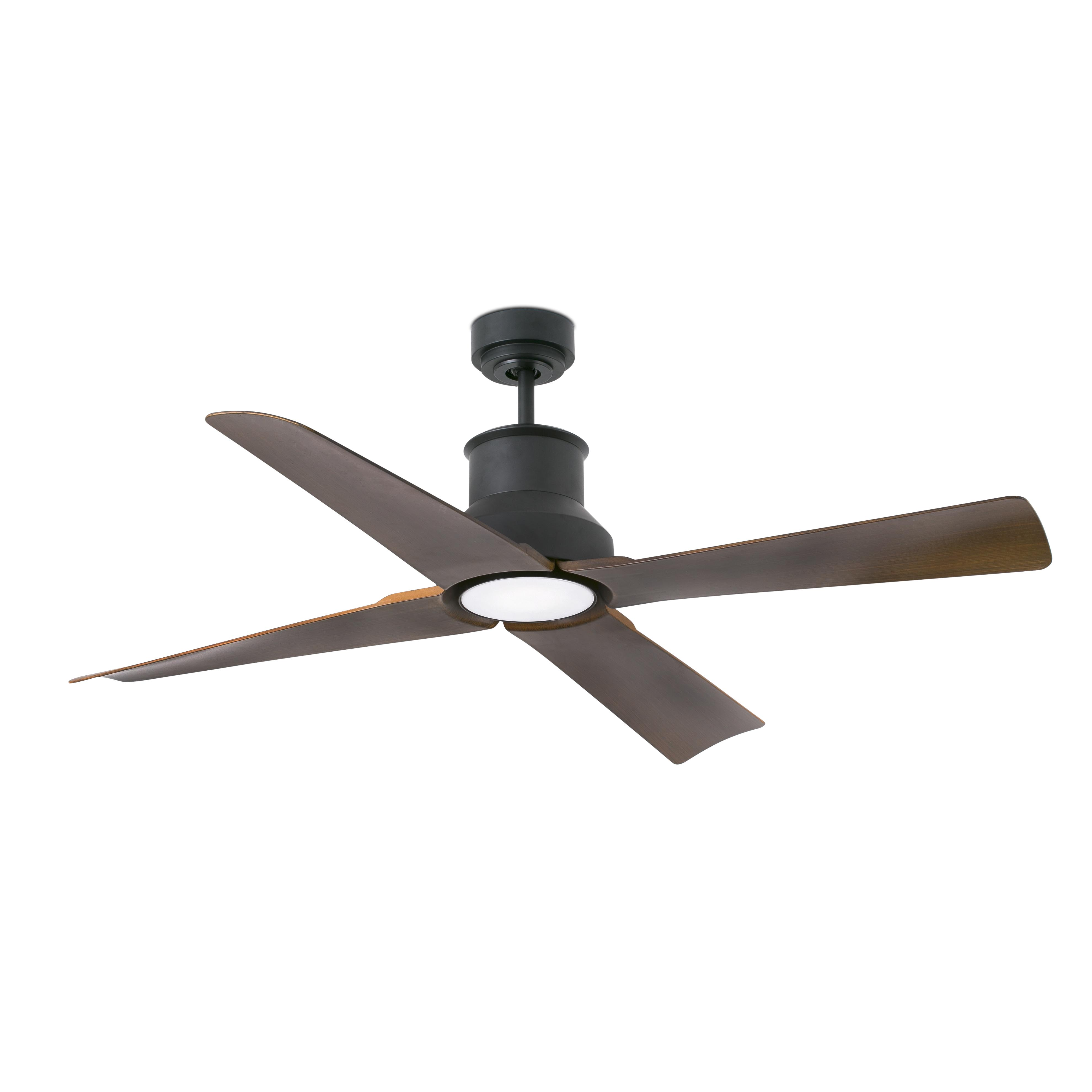 Ventilatore a soffitto con cinque pale marrone scuro e un alloggiamento motore nero.