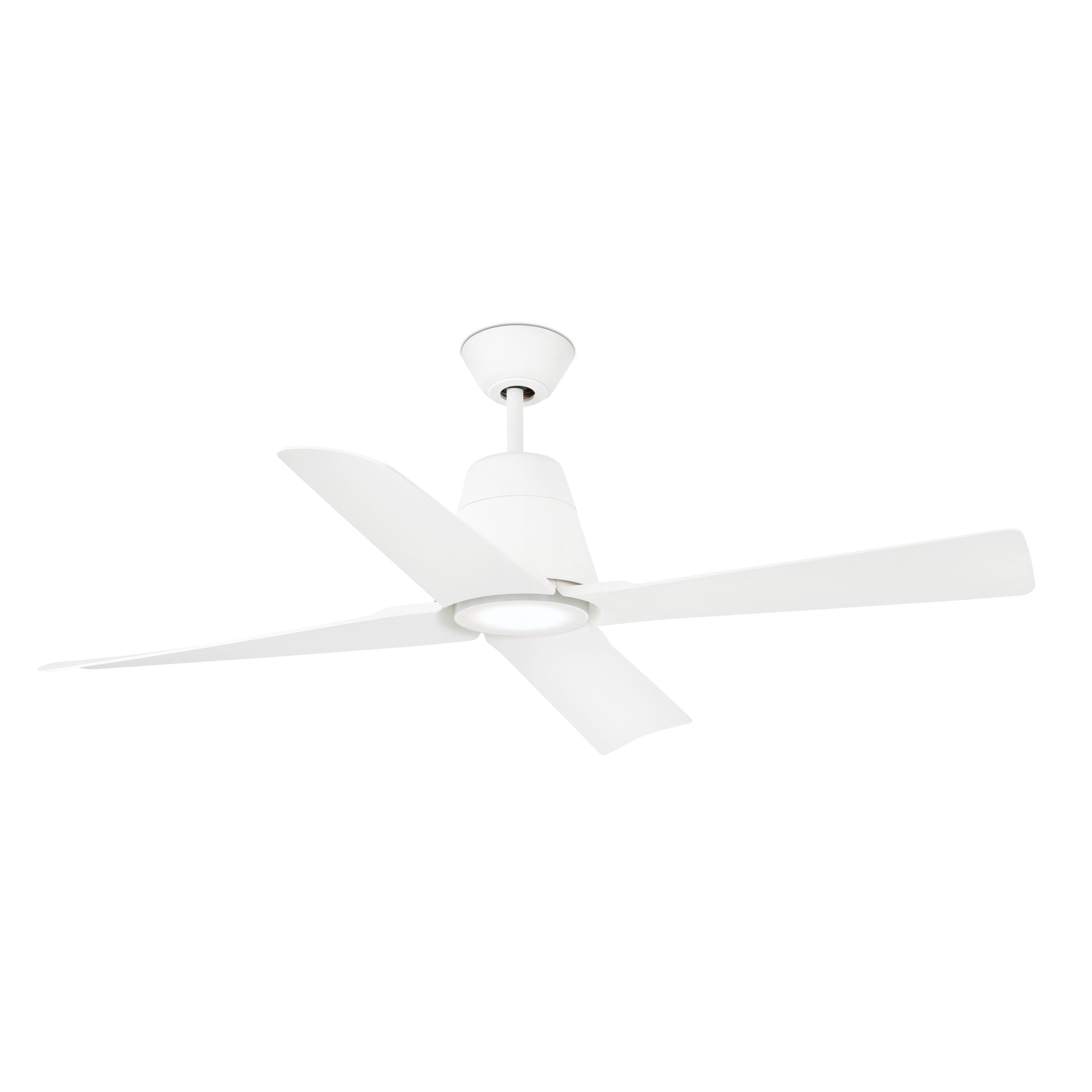 Ventilatore da soffitto bianco con quattro pale e luce centrale su sfondo bianco.