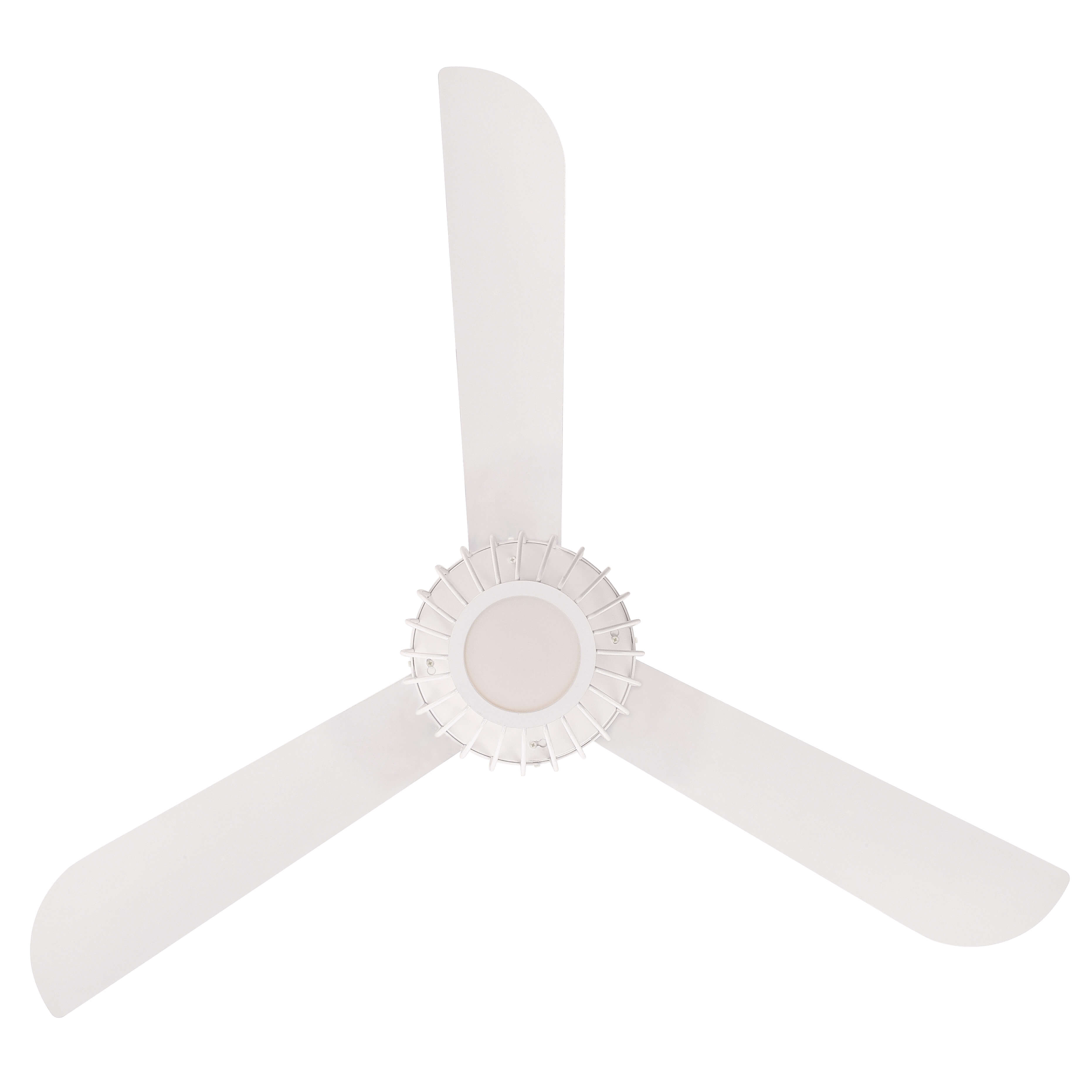 Weißer Deckenventilator mit drei Flügeln und einer kreisförmigen Mittelleuchte.