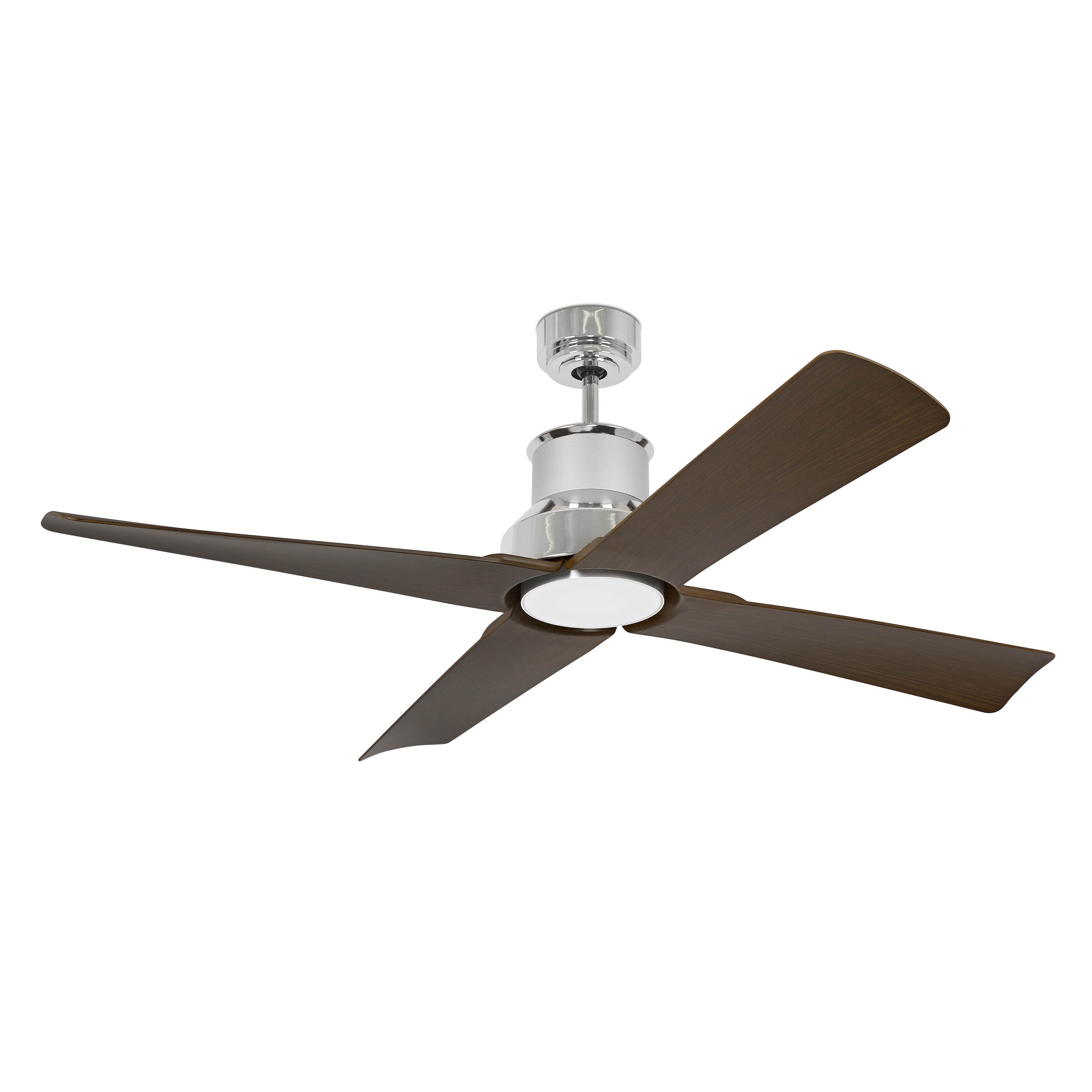 Deckenventilator mit vier braunen Flügeln und Chrommotorgehäuse.
