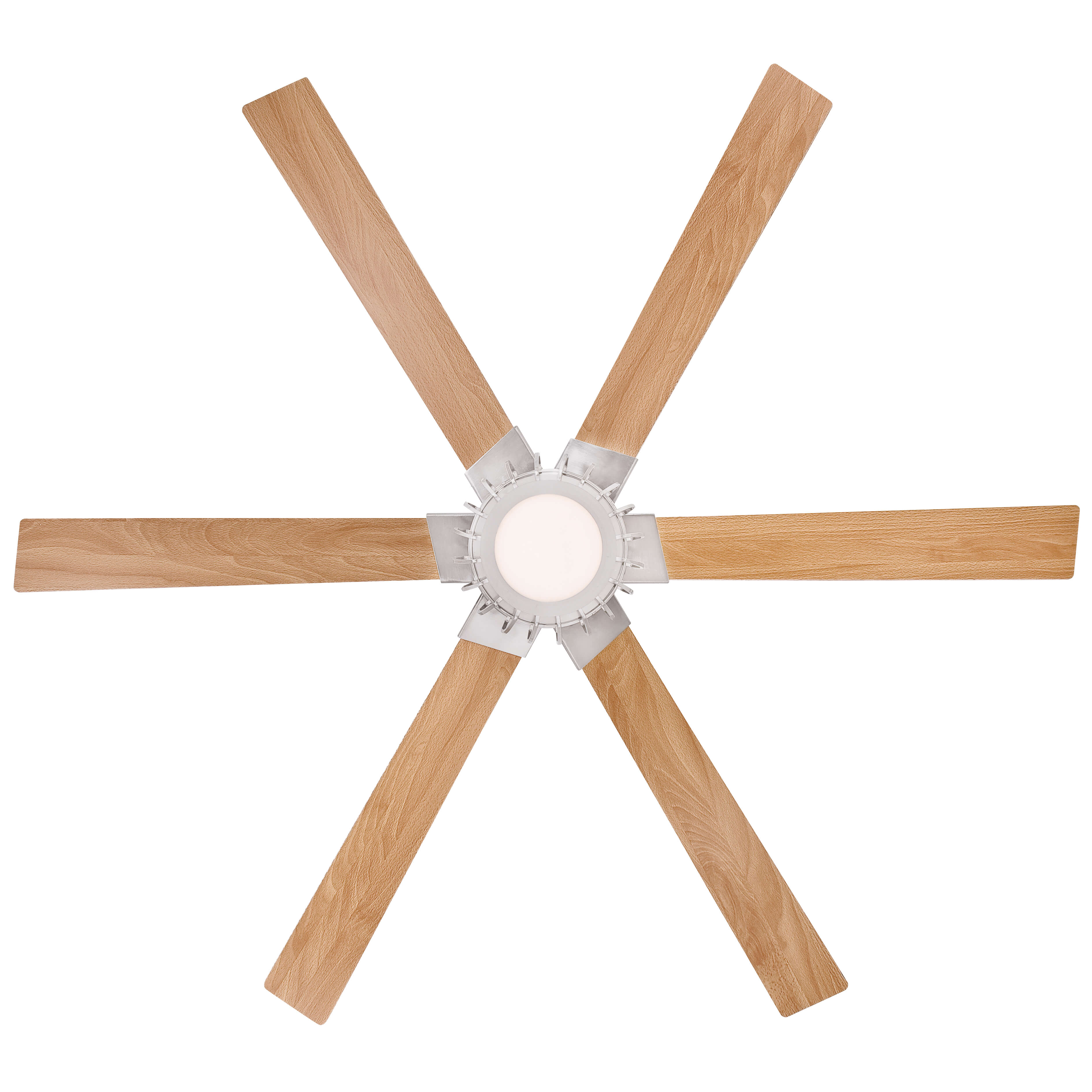 Ein Deckenventilator mit sechs Holzflügeln und einer kreisförmigen Leuchte.