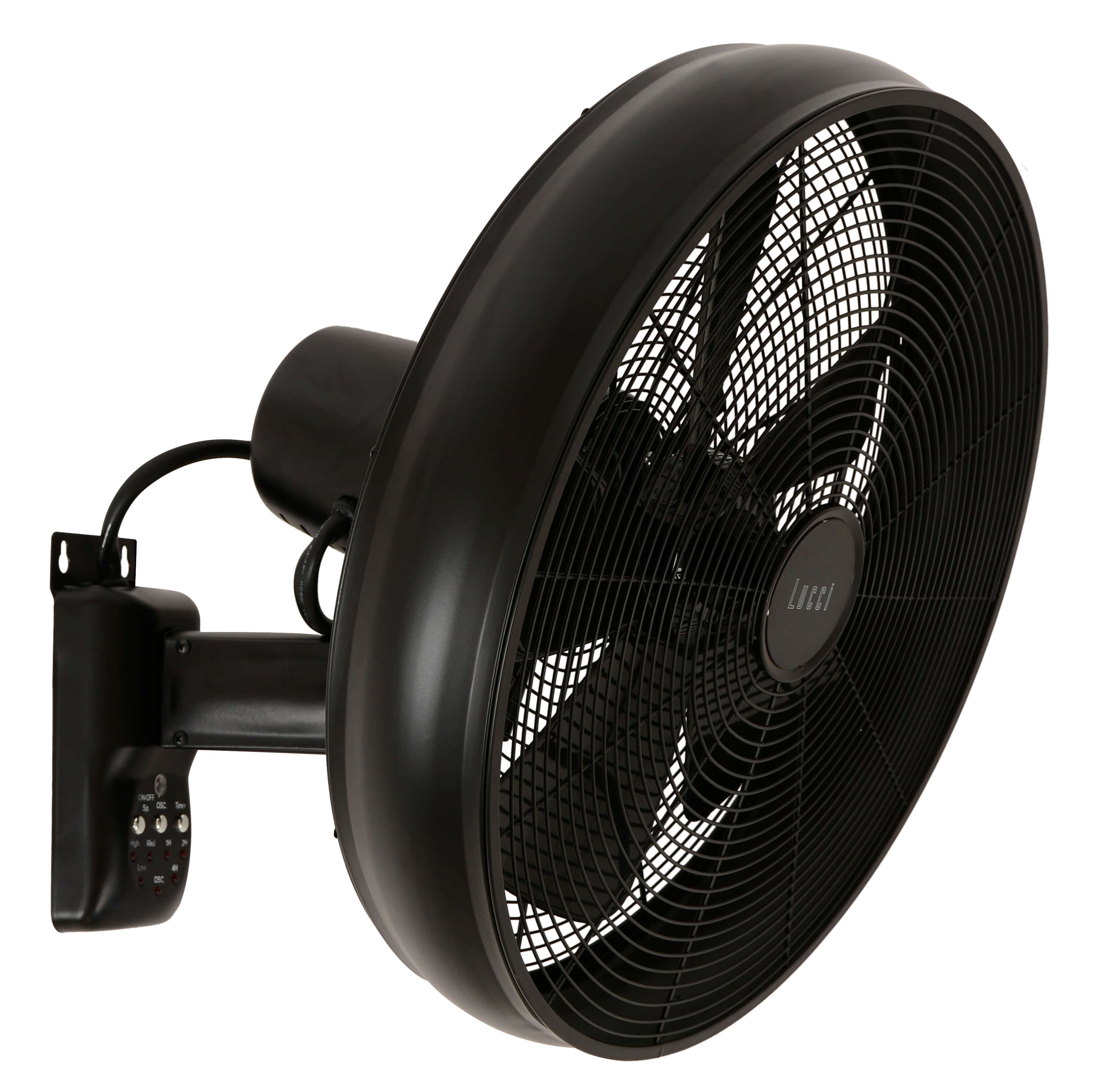Ein schwarzer Wandventilator mit Maschenschutz. Er hat ein Bedienfeld links.