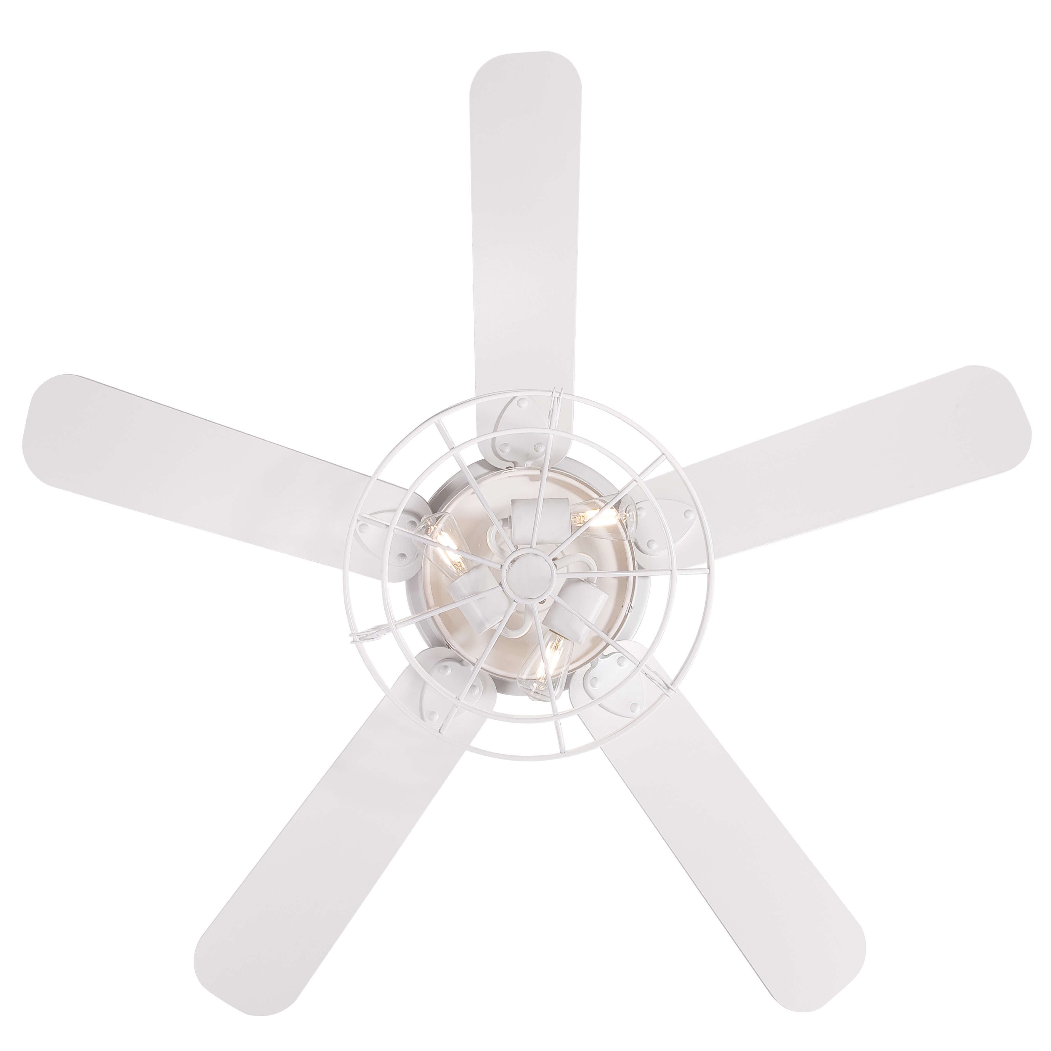 Ein weißer Deckenventilator mit fünf Flügeln und einem weißen Käfig um die Leuchte.