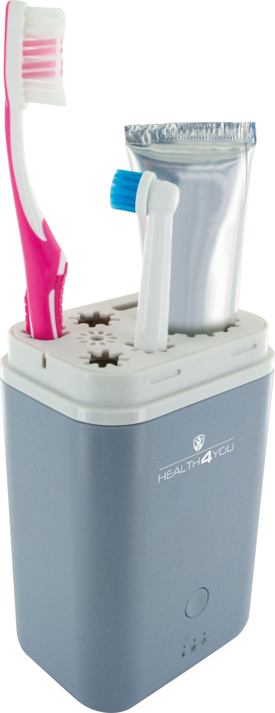 Zahnbürstenhalter mit rosa Zahnbürste, elektrischer Bürste und Zahnpasta.