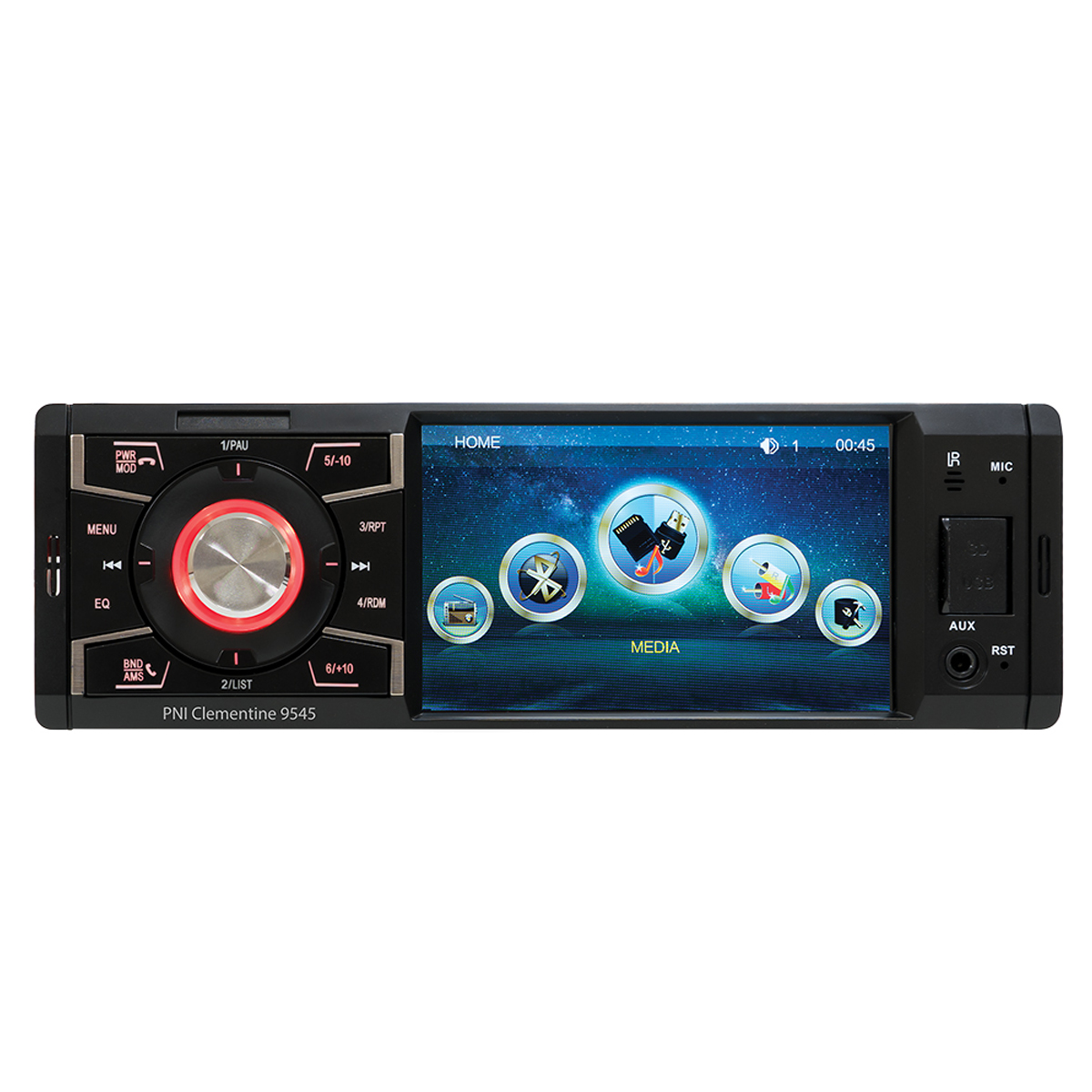 Autoradio mit schwarzem Rahmen und Display. Weißer Hintergrund. Marke: PNI.