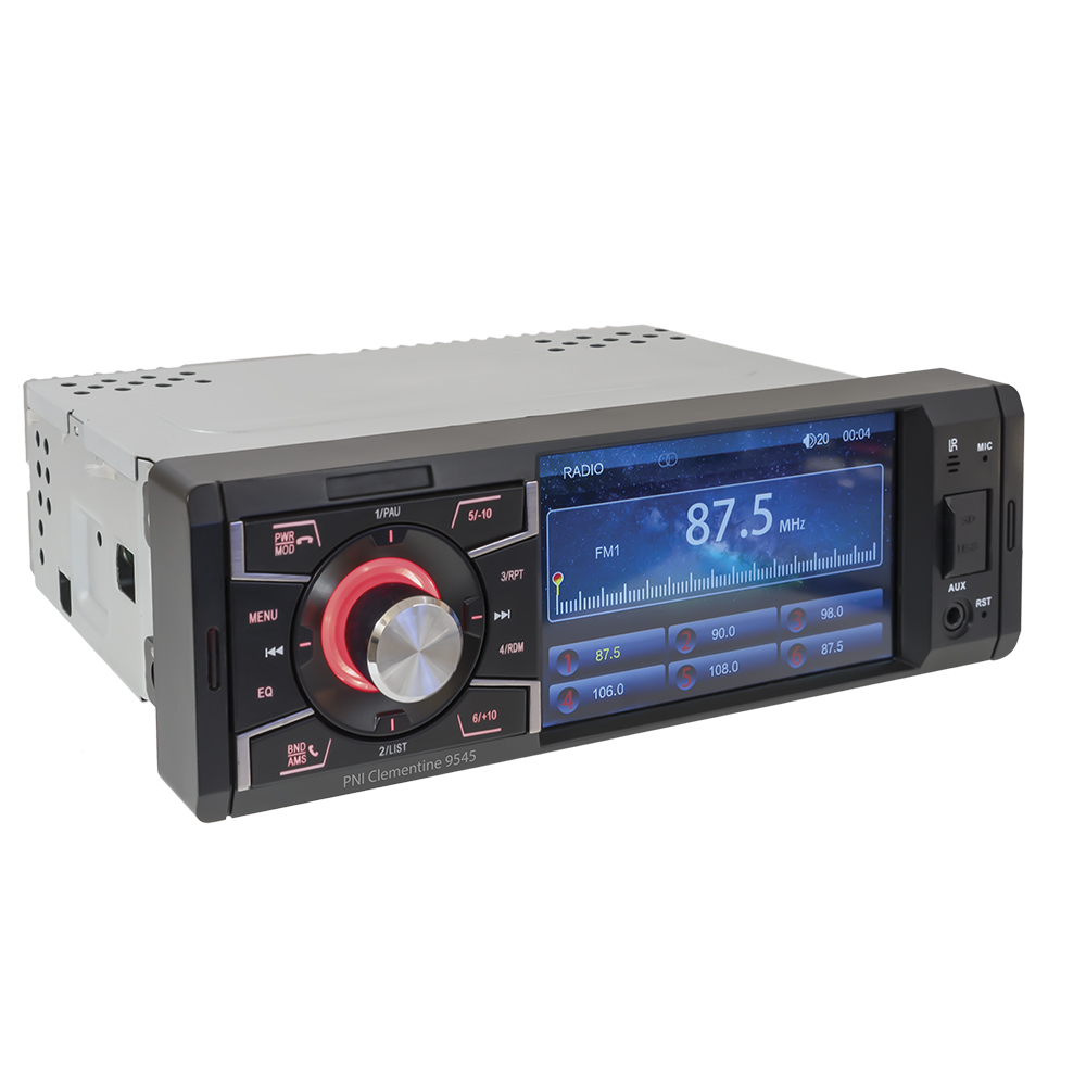 Ein Autoradio mit einem Bildschirm und Tasten. Die Anzeige zeigt Radioinformationen.