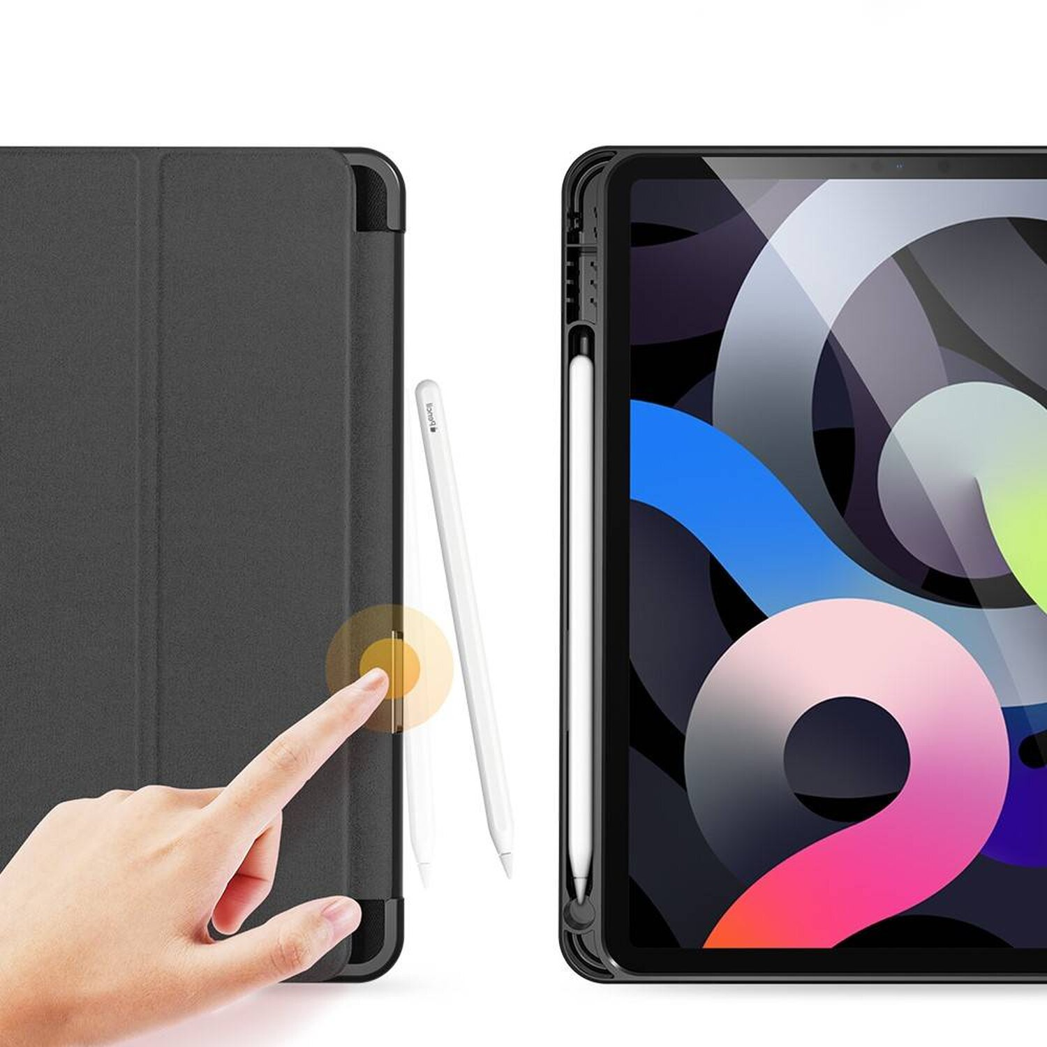 Ein iPad mit Hülle wird gezeigt, und eine Hand zeigt mit einem Stift daneben auf den Bildschirm.