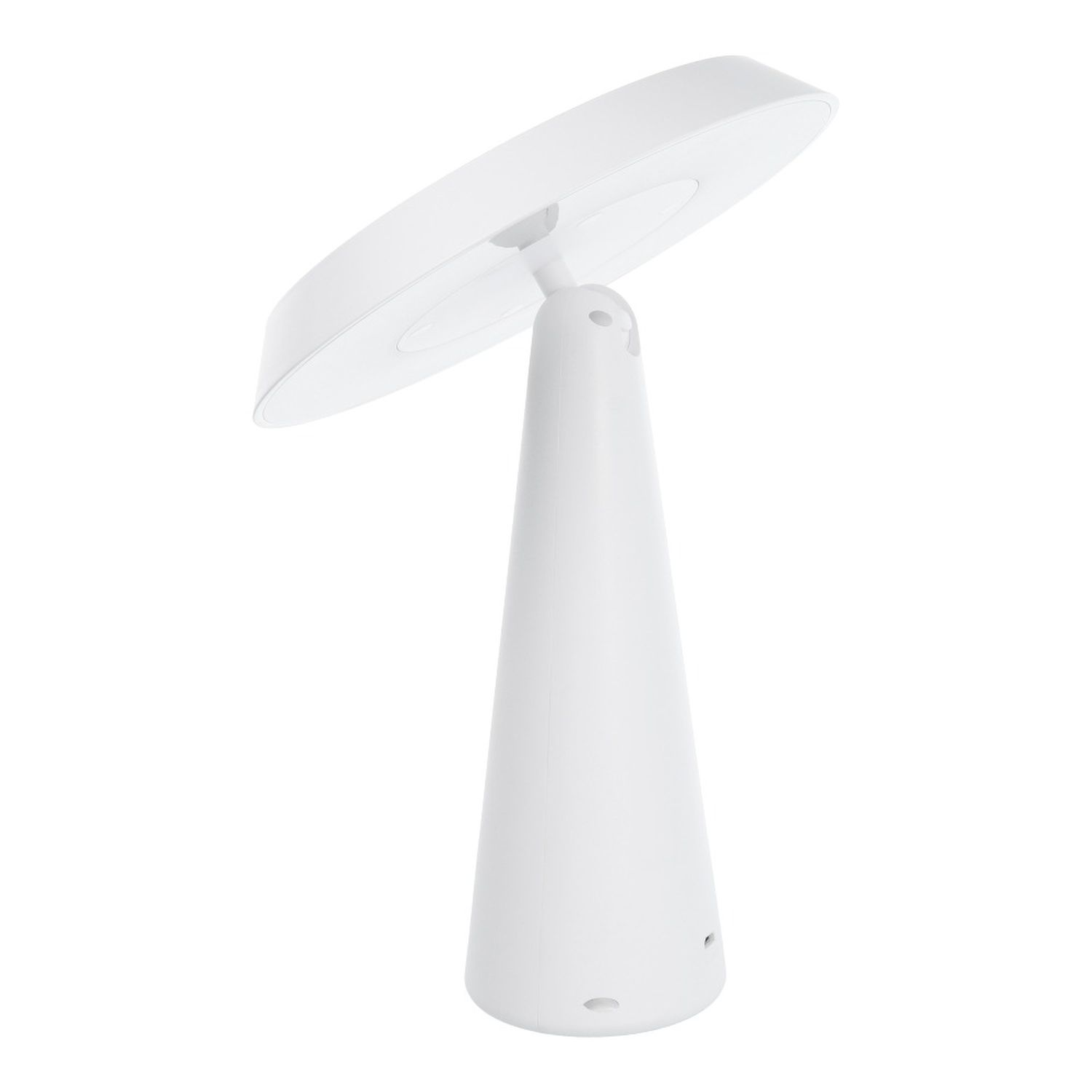 Eine weiße, moderne Schreibtischlampe. Sie hat ein rundes Licht und einen konischen Sockel.