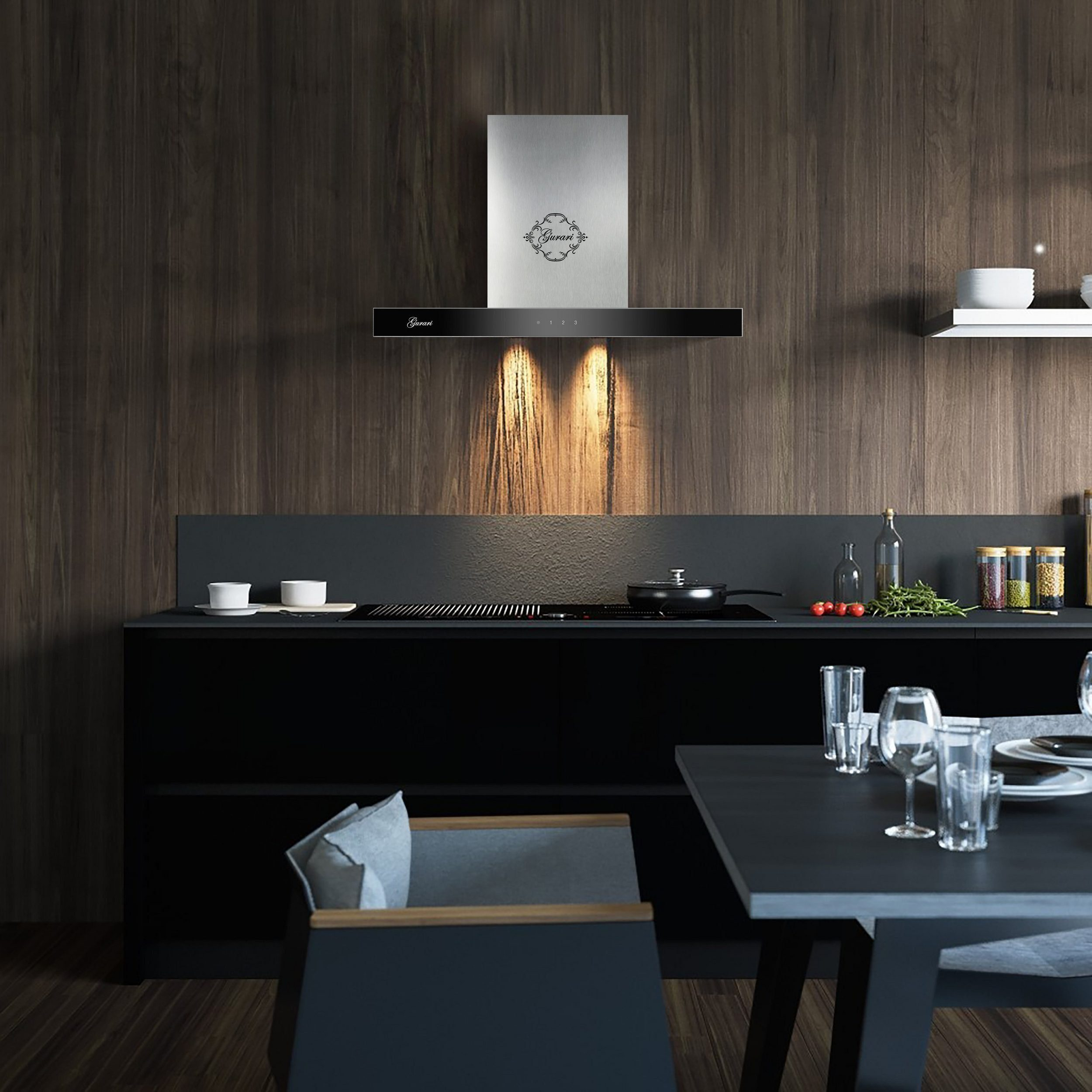 Moderne Küchenszene mit schwarzen Schränken, Edelstahlhaube und Holzwand.