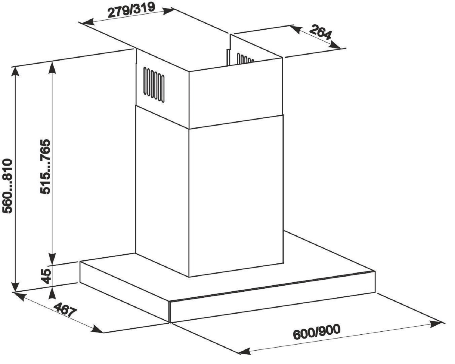 Diagramm einer Dunstabzugshaube, mit Maßen und Winkeln. Die Haube ist weiß und hat ein rechteckiges Design.